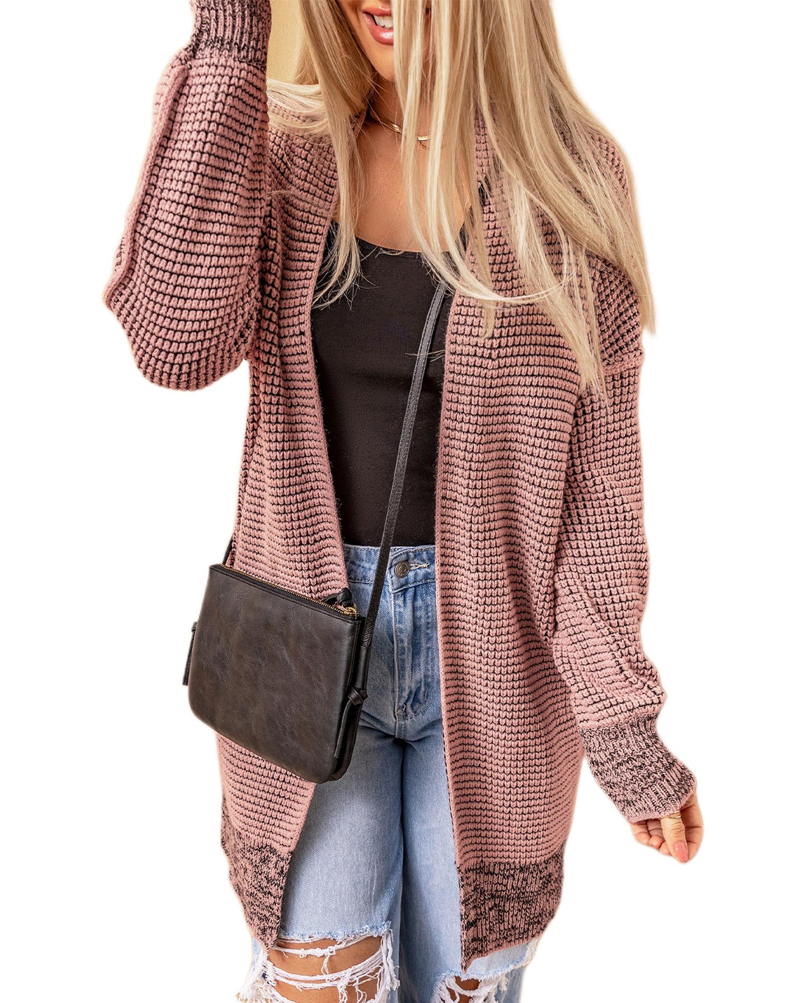 Pink Plaid Knitted Long Open Front Cardigan - L