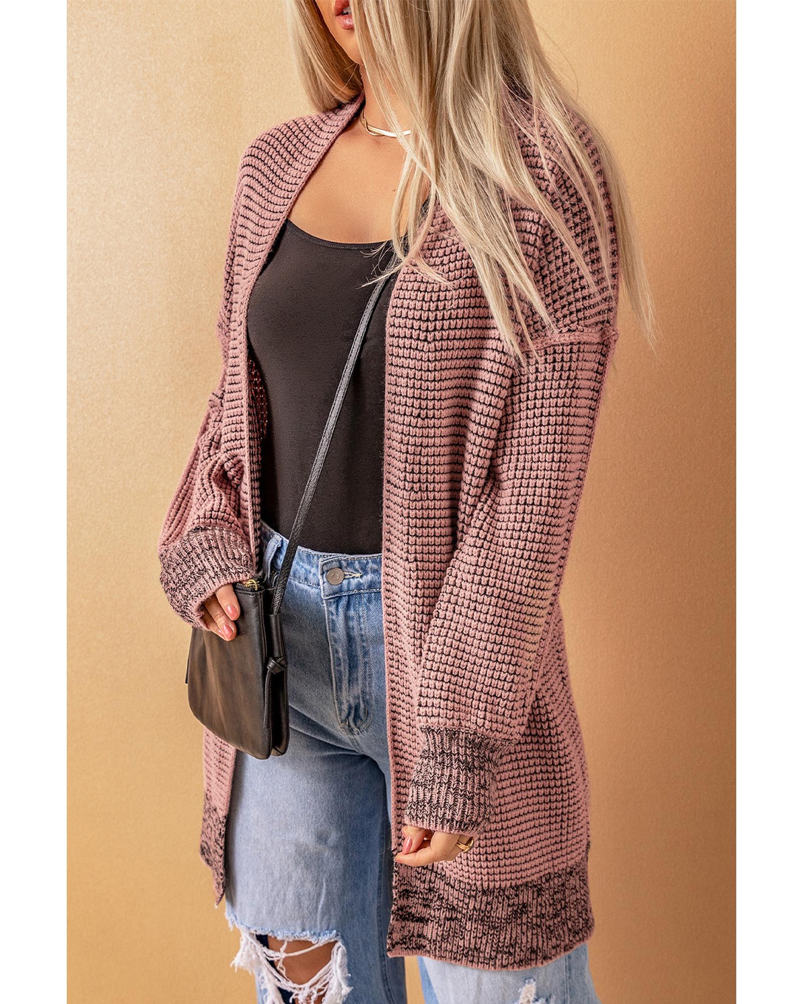 Pink Plaid Knitted Long Open Front Cardigan - L