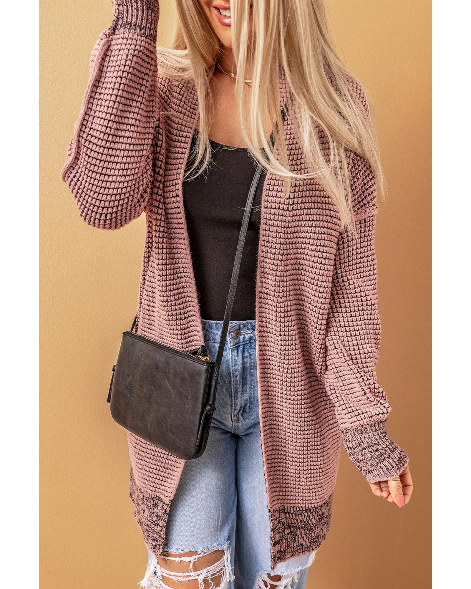 Pink Plaid Knitted Long Open Front Cardigan - L