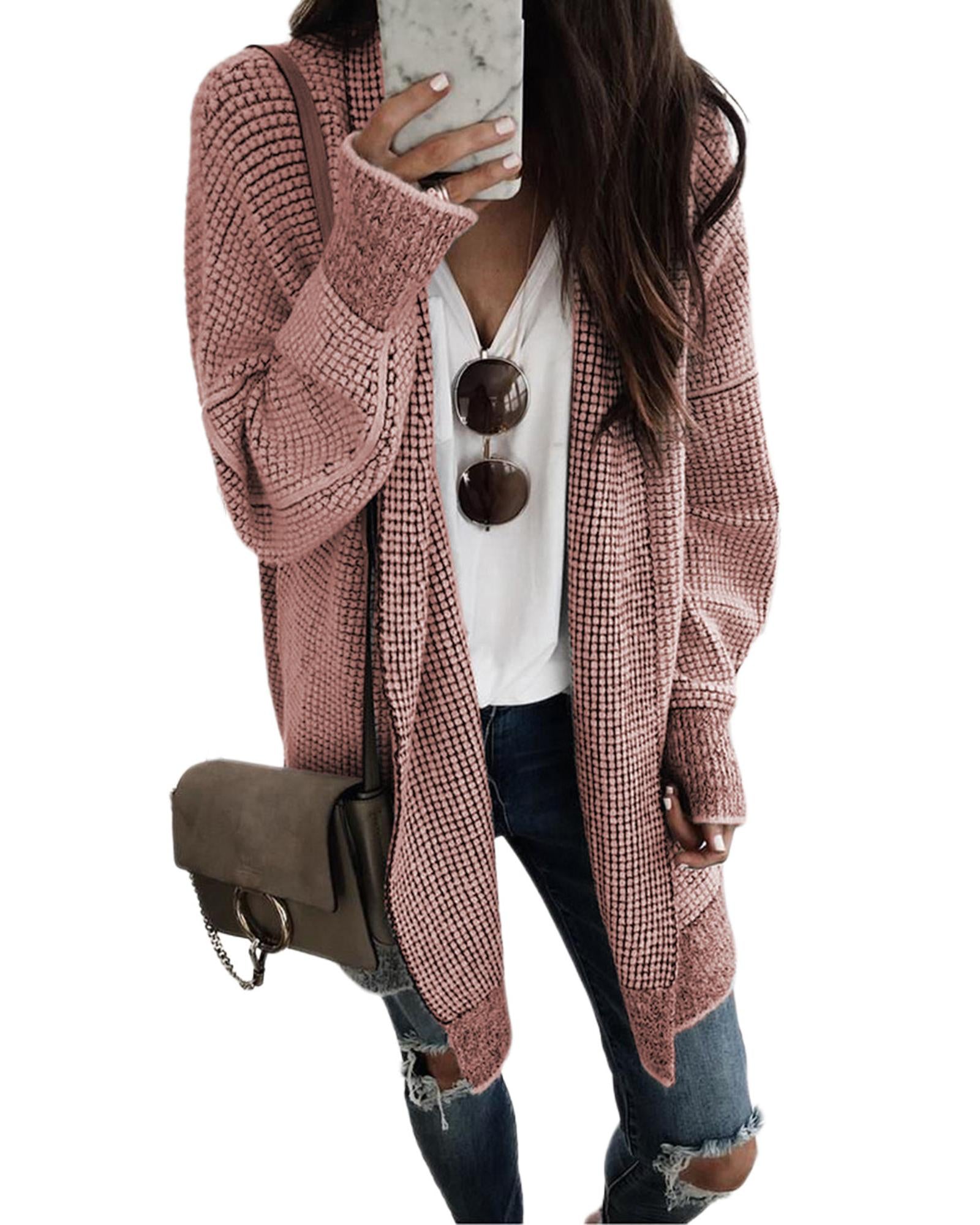 Pink Plaid Knitted Long Open Front Cardigan - L