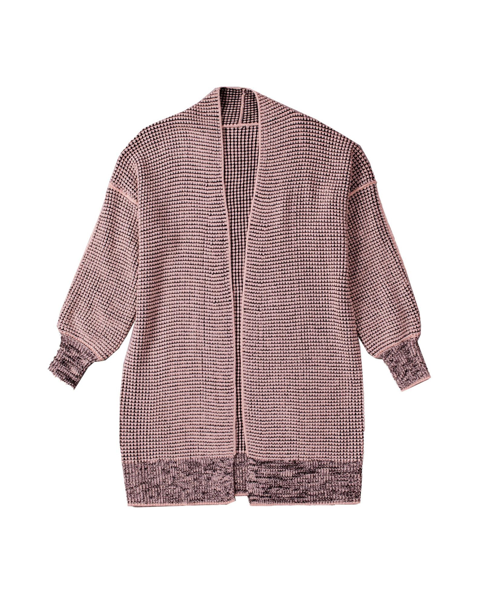 Pink Plaid Knitted Long Open Front Cardigan - L