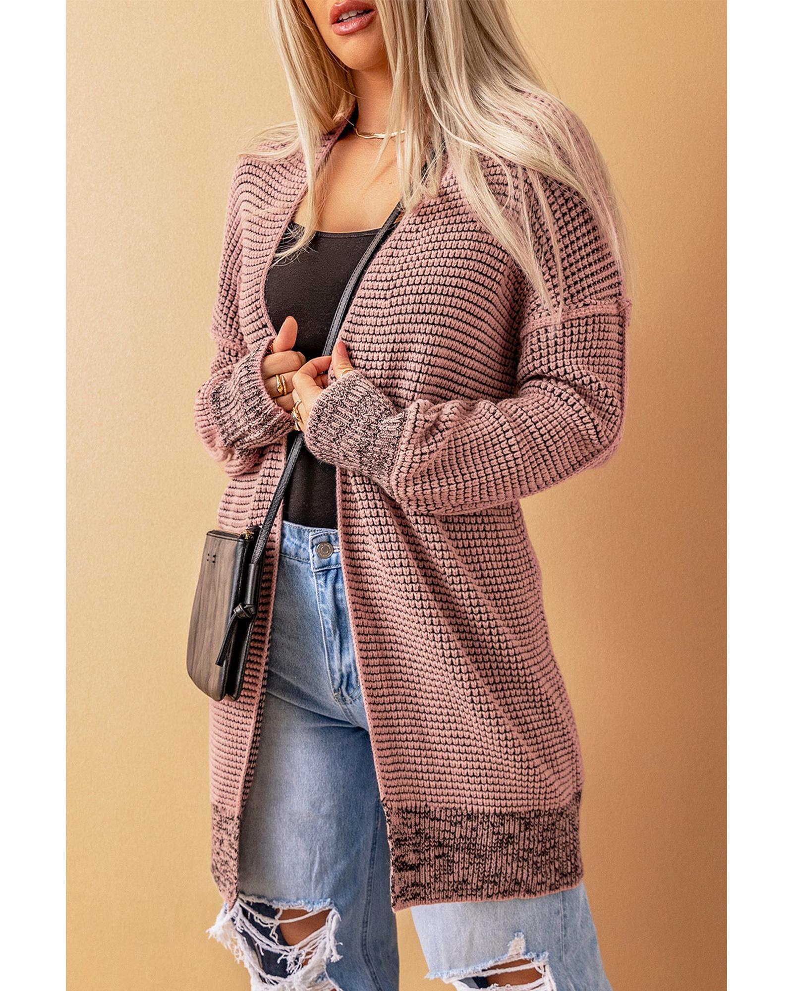 Pink Plaid Knitted Long Open Front Cardigan - L