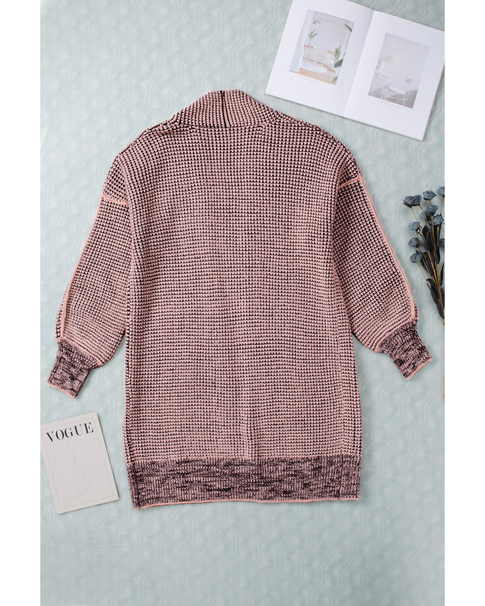 Pink Plaid Knitted Long Open Front Cardigan - L