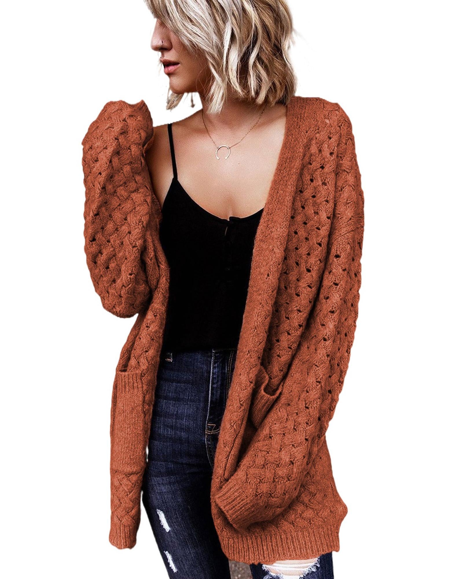 Brown Open Front Woven Texture Knitted Cardigan with Pockets - XL