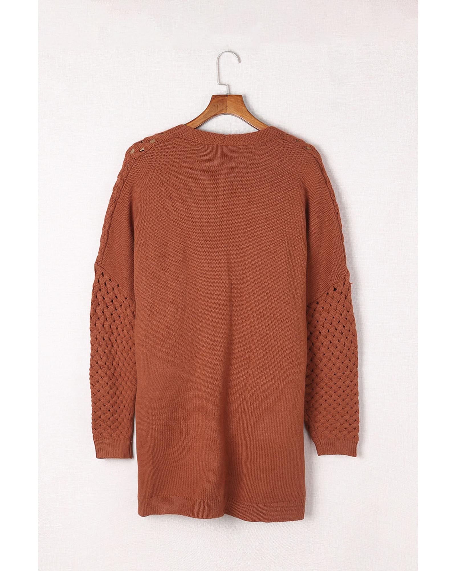 Brown Open Front Woven Texture Knitted Cardigan with Pockets - XL