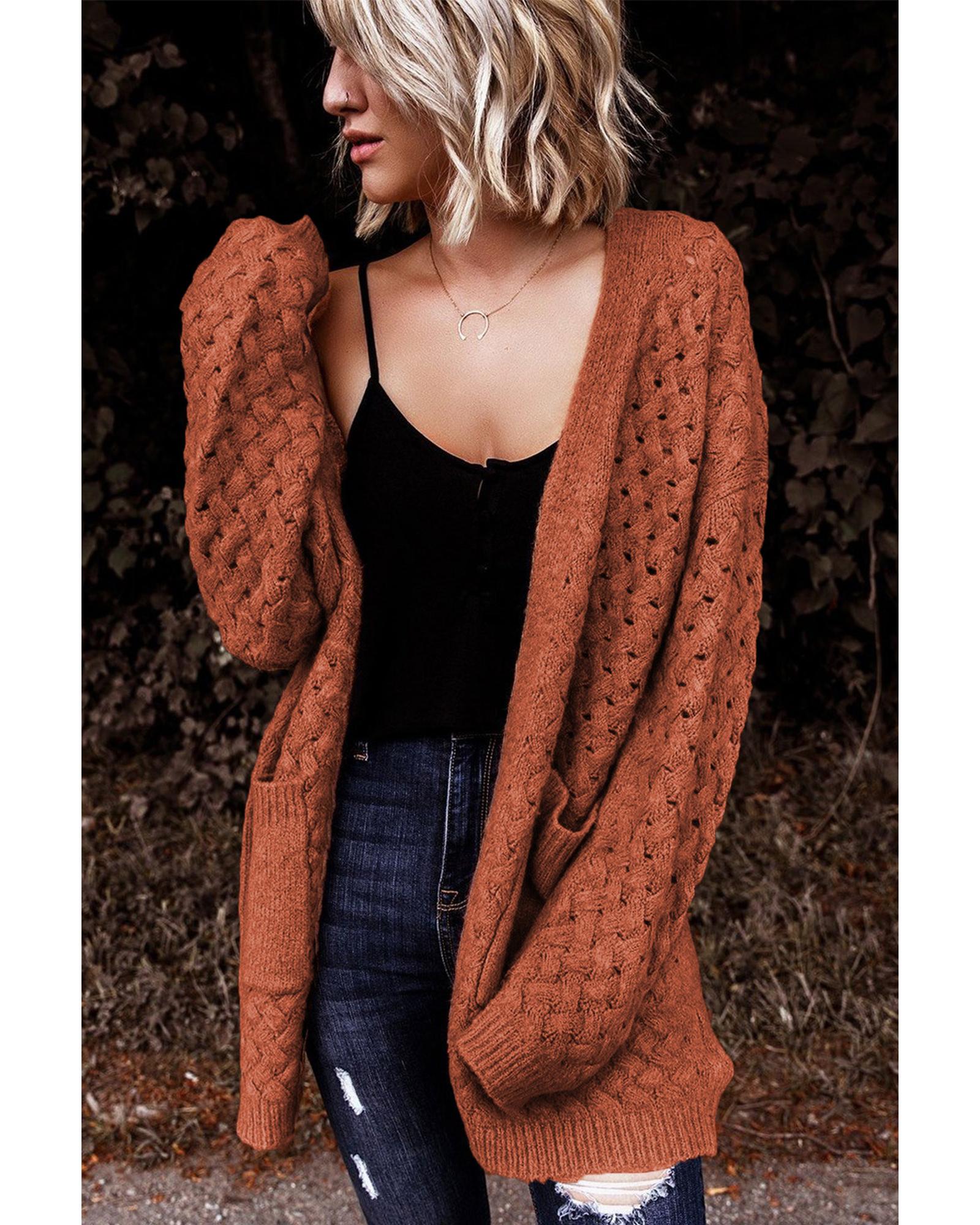 Brown Open Front Woven Texture Knitted Cardigan with Pockets - XL