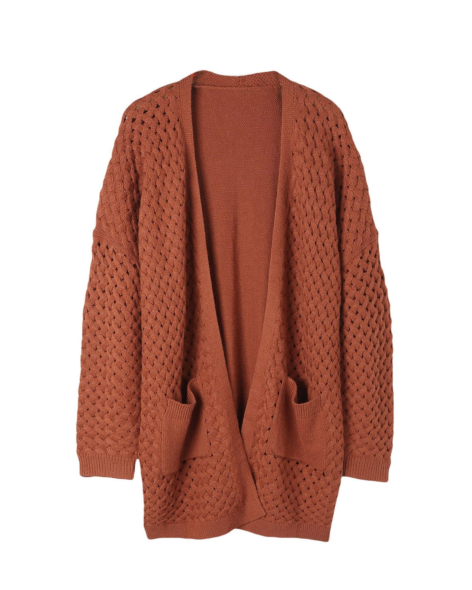 Brown Open Front Woven Texture Knitted Cardigan with Pockets - XL