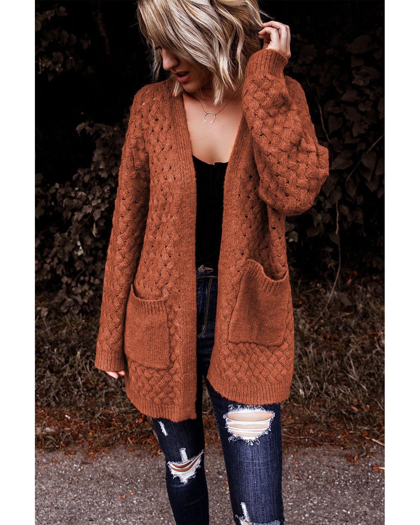 Brown Open Front Woven Texture Knitted Cardigan with Pockets - XL