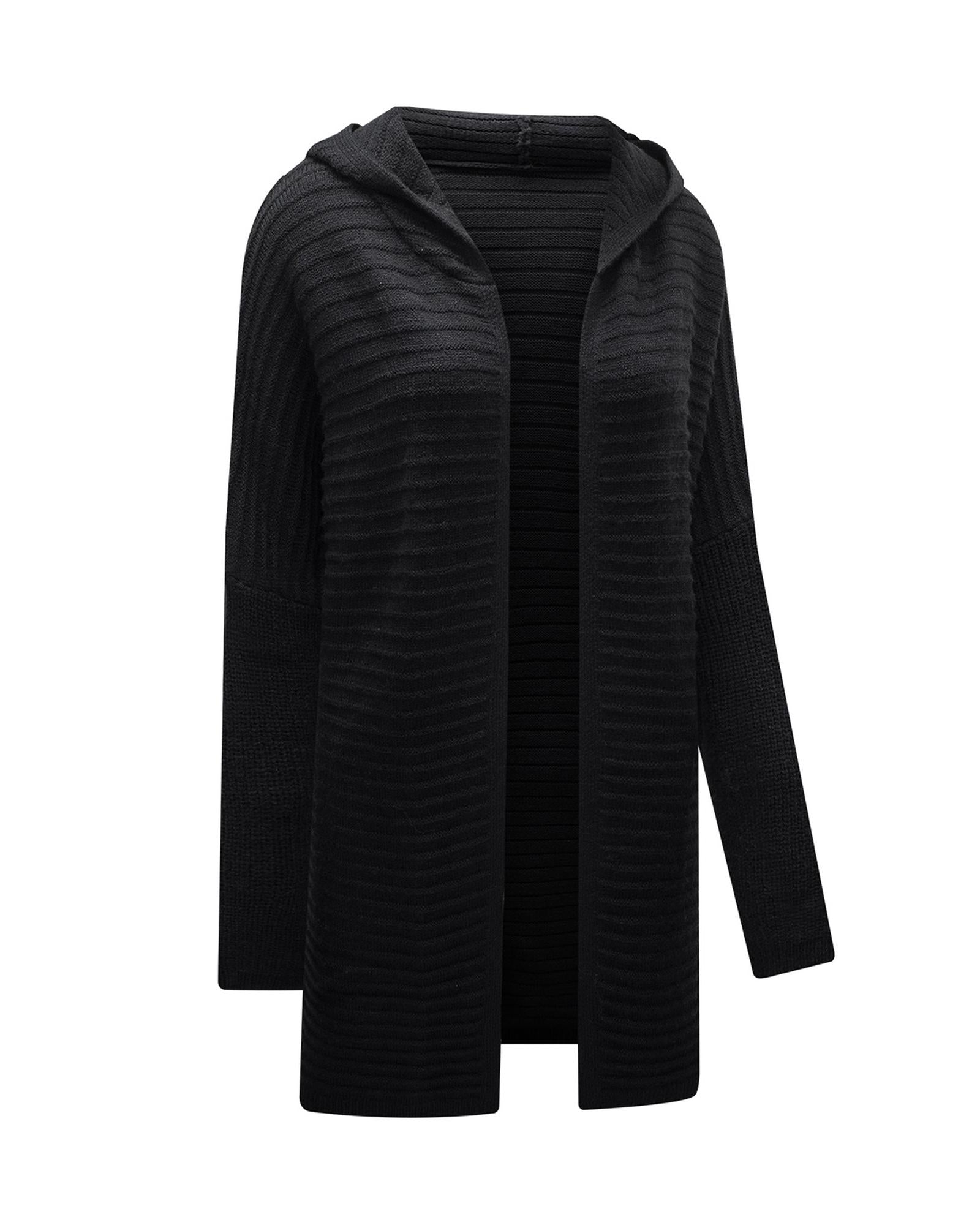 Black Horizontal Rib Knitted Open Front Hooded Cardigan - L