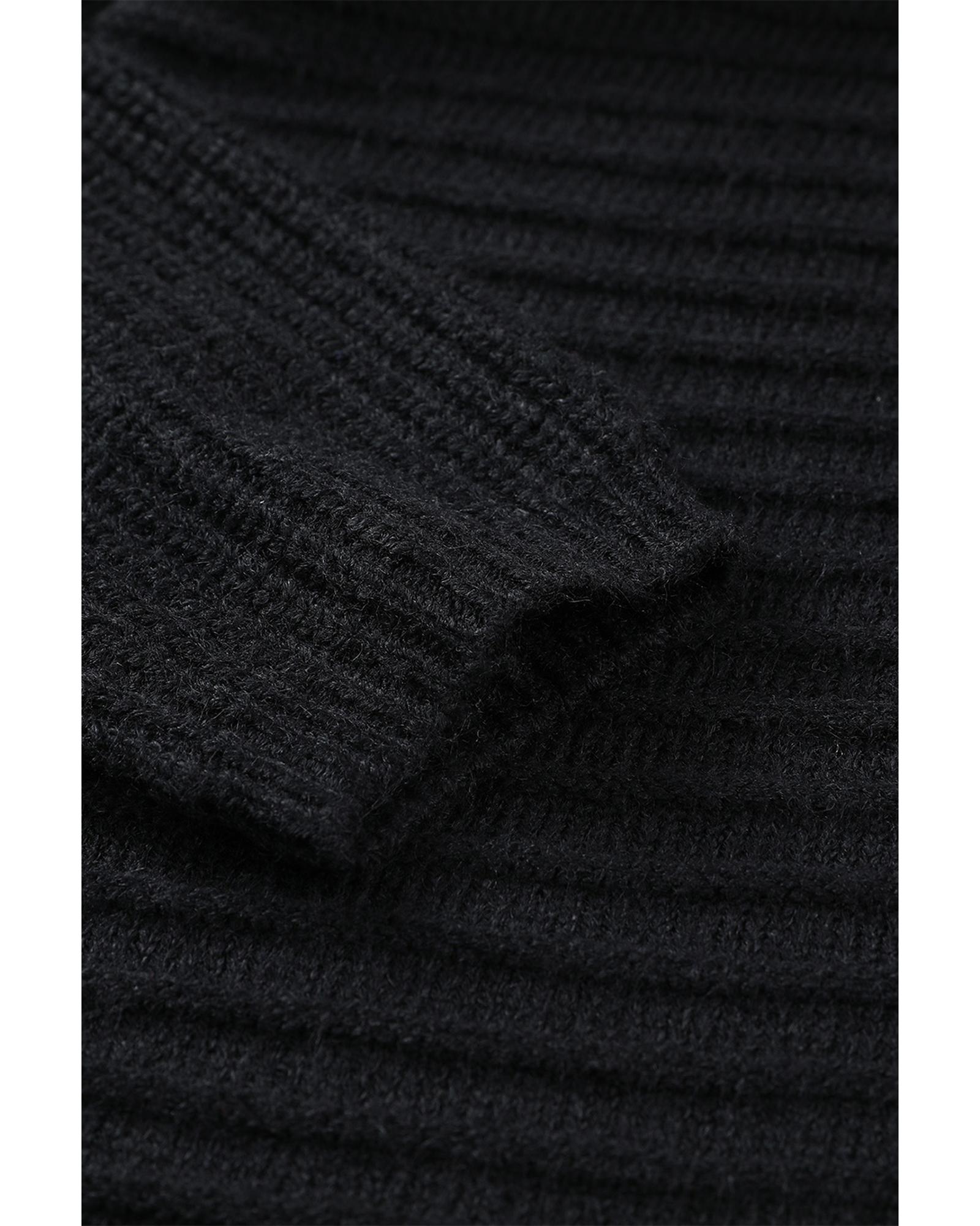 Black Horizontal Rib Knitted Open Front Hooded Cardigan - L