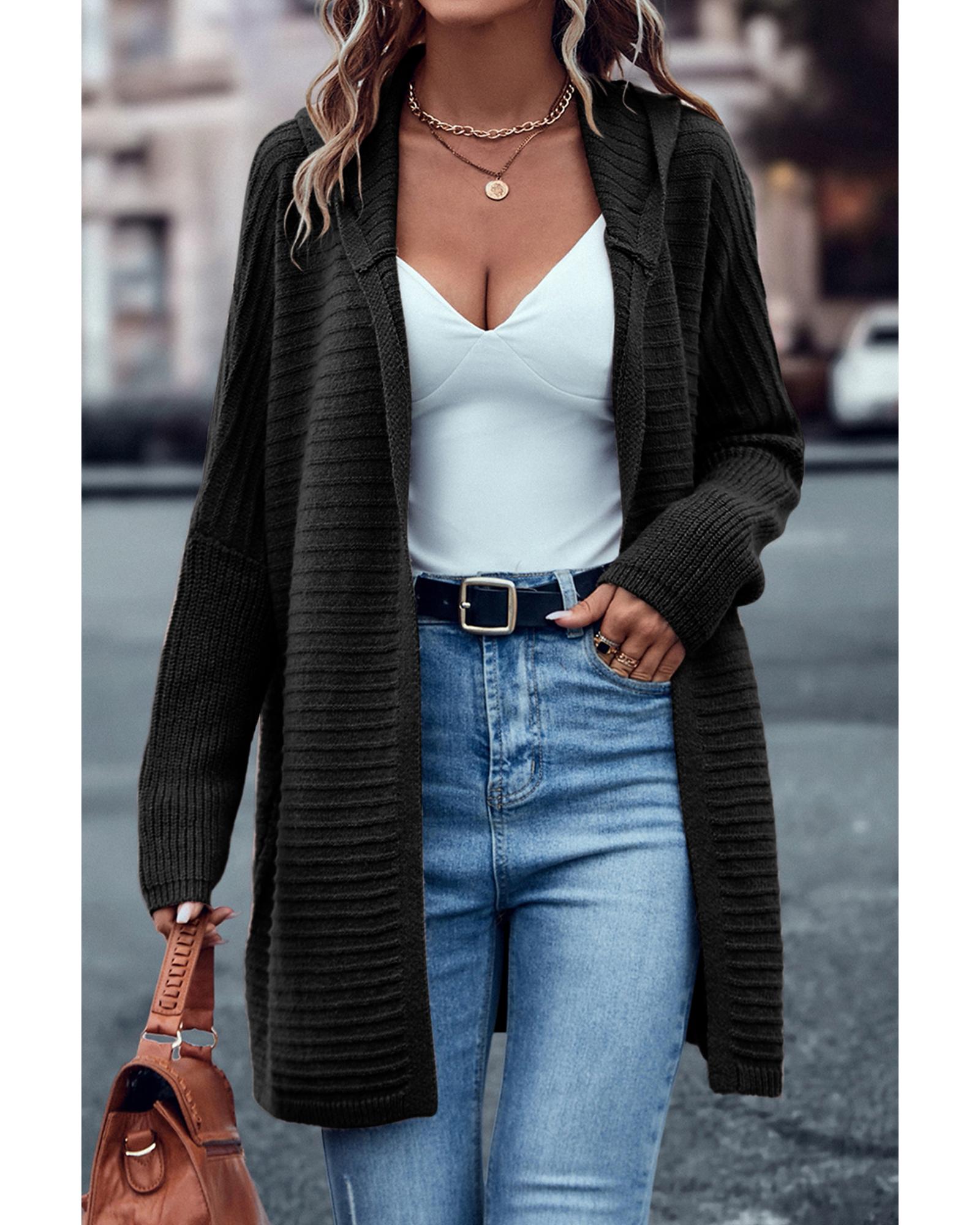 Black Horizontal Rib Knitted Open Front Hooded Cardigan - L