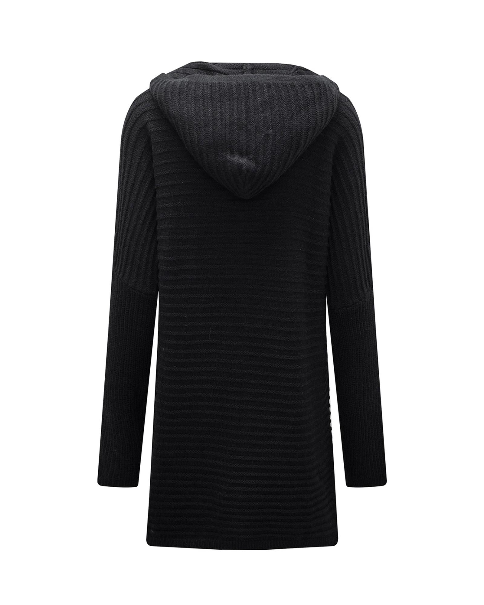 Black Horizontal Rib Knitted Open Front Hooded Cardigan - M