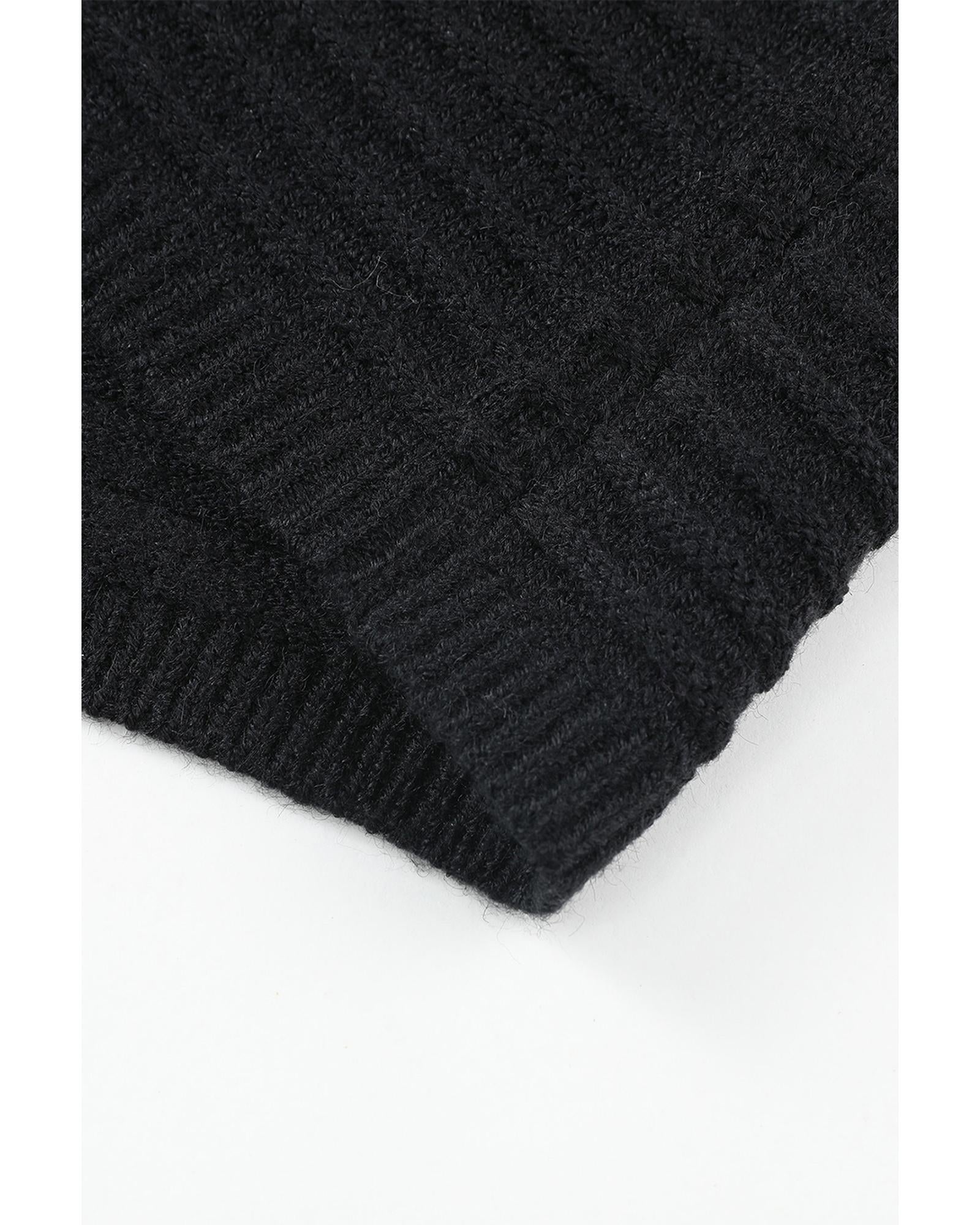 Black Horizontal Rib Knitted Open Front Hooded Cardigan - M