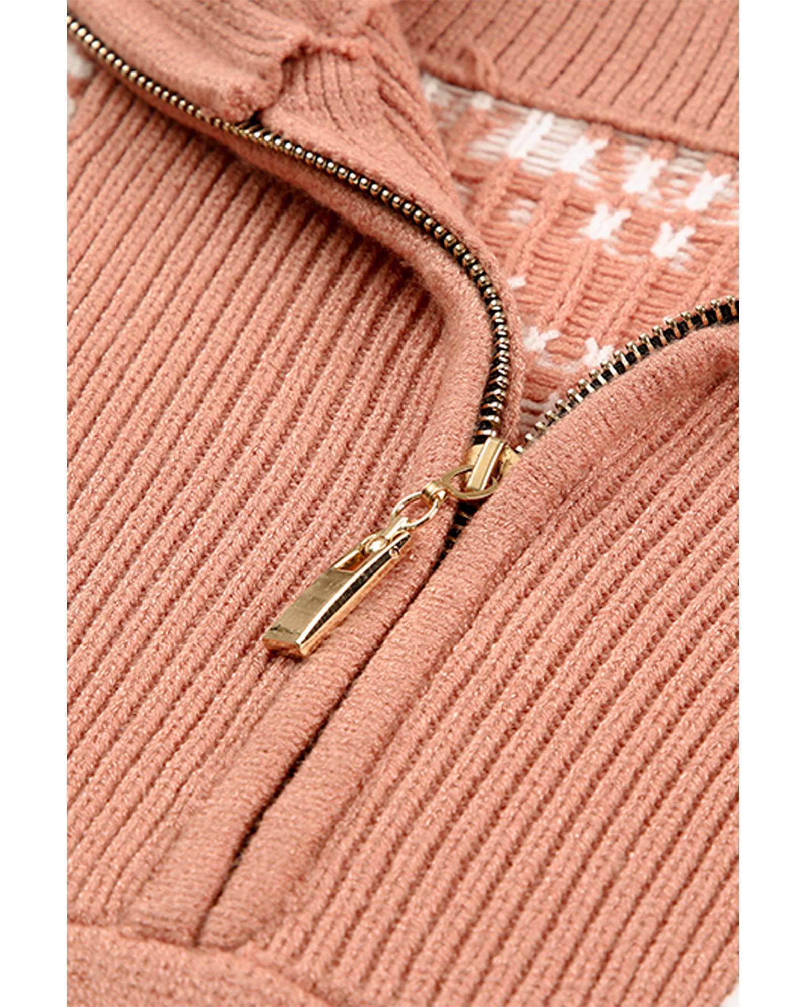 Azura Exchange Pink Geometry Knit Quarter Zip Sweater - L