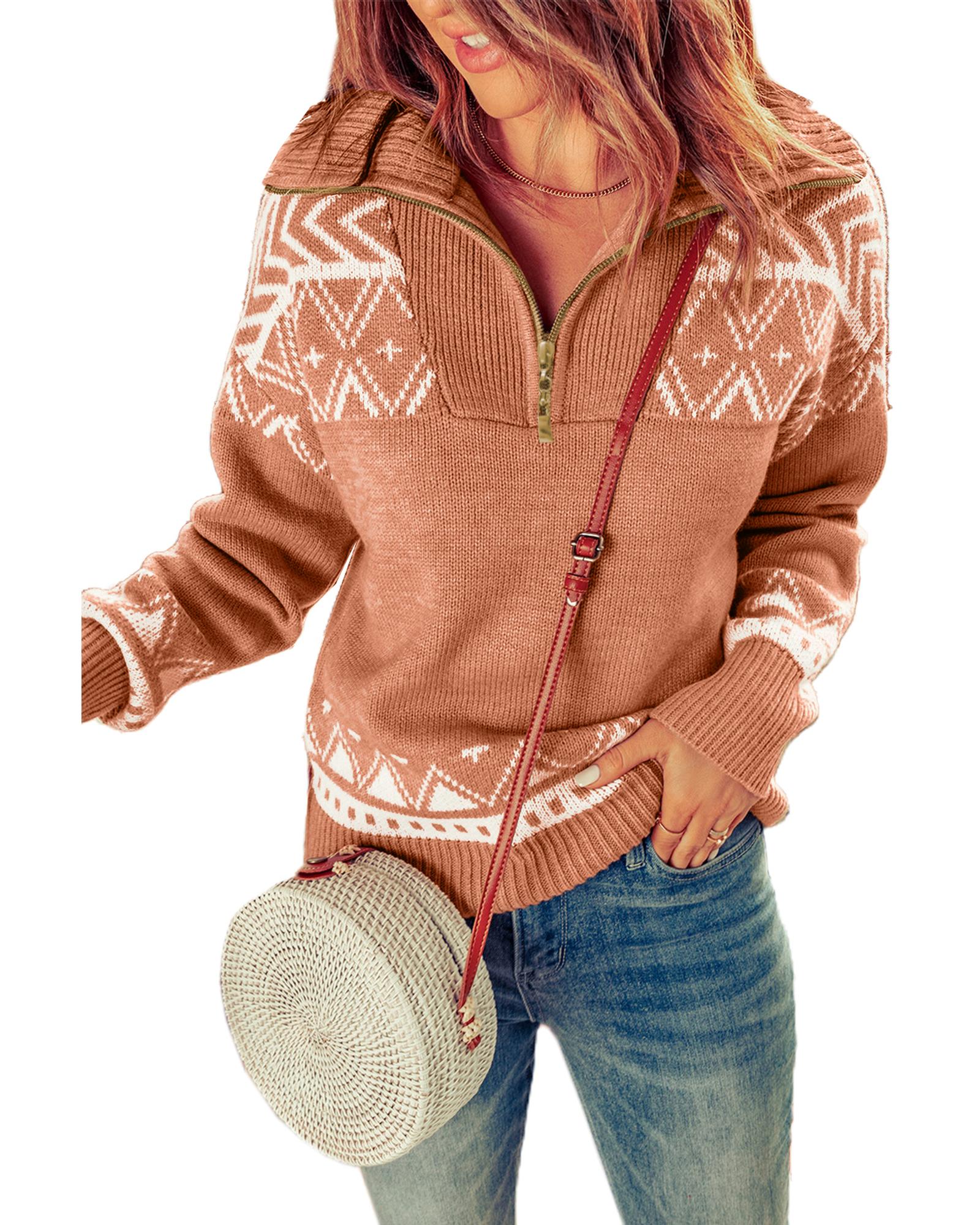 Azura Exchange Pink Geometry Knit Quarter Zip Sweater - L