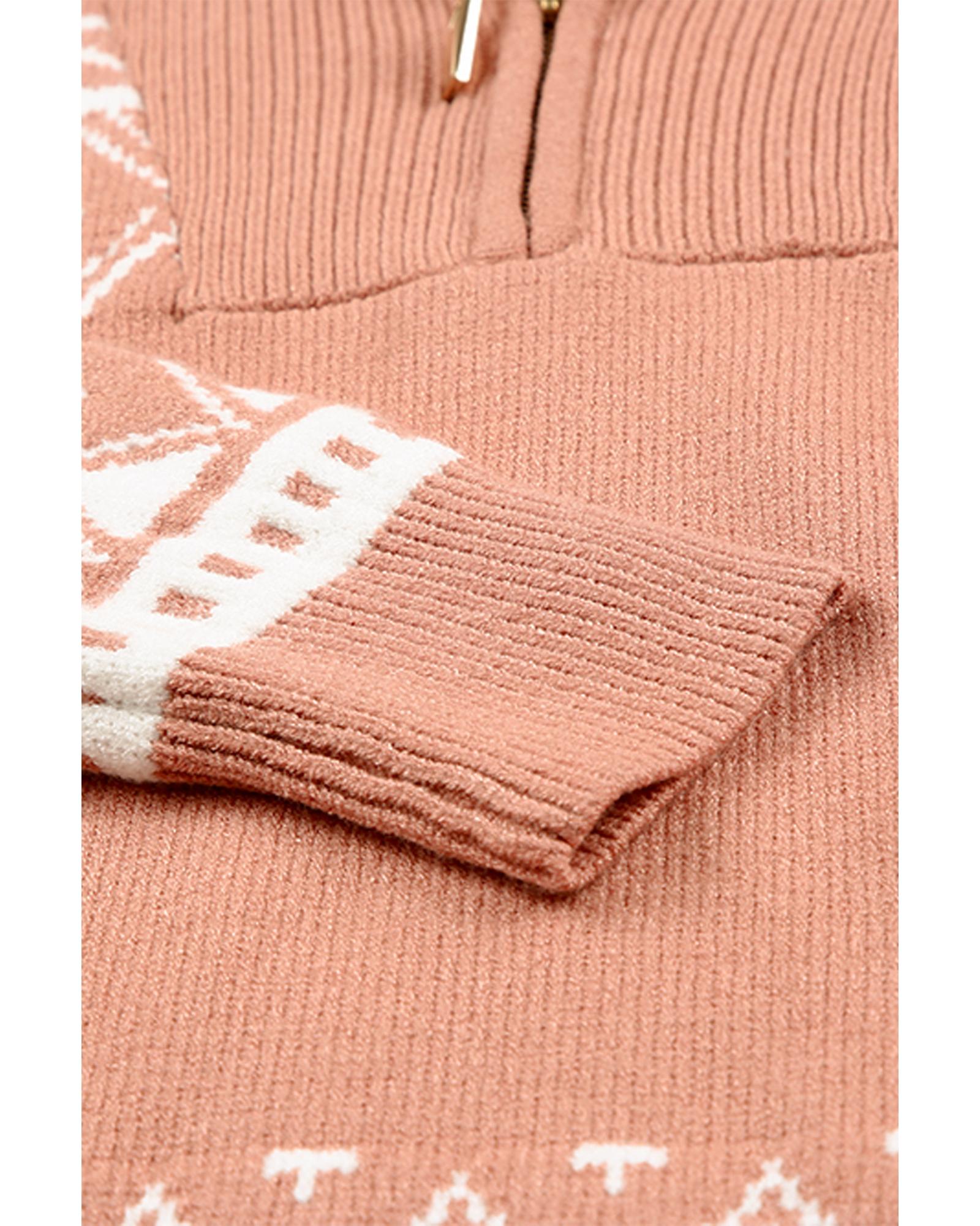 Azura Exchange Pink Geometry Knit Quarter Zip Sweater - L