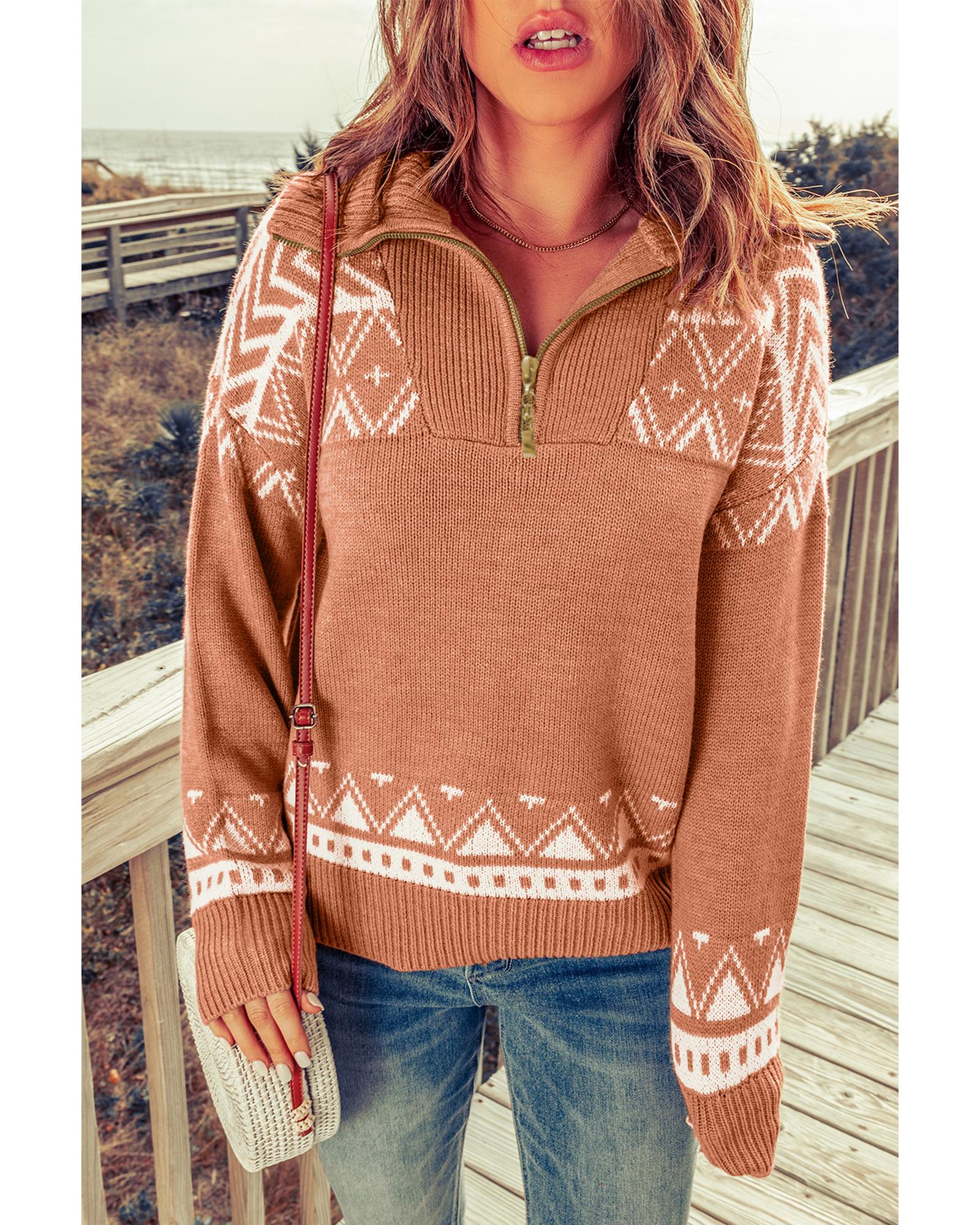 Azura Exchange Pink Geometry Knit Quarter Zip Sweater - L