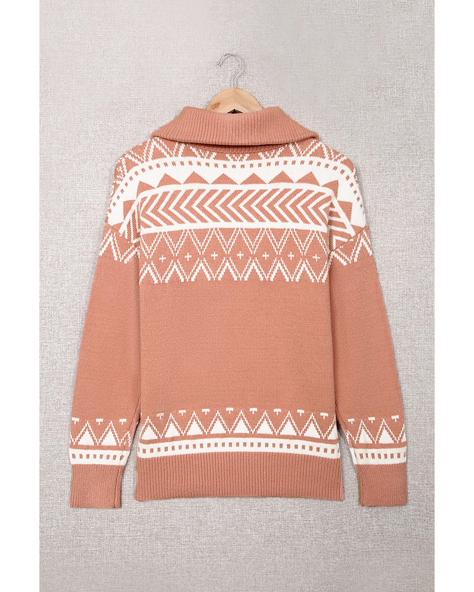 Azura Exchange Pink Geometry Knit Quarter Zip Sweater - XL