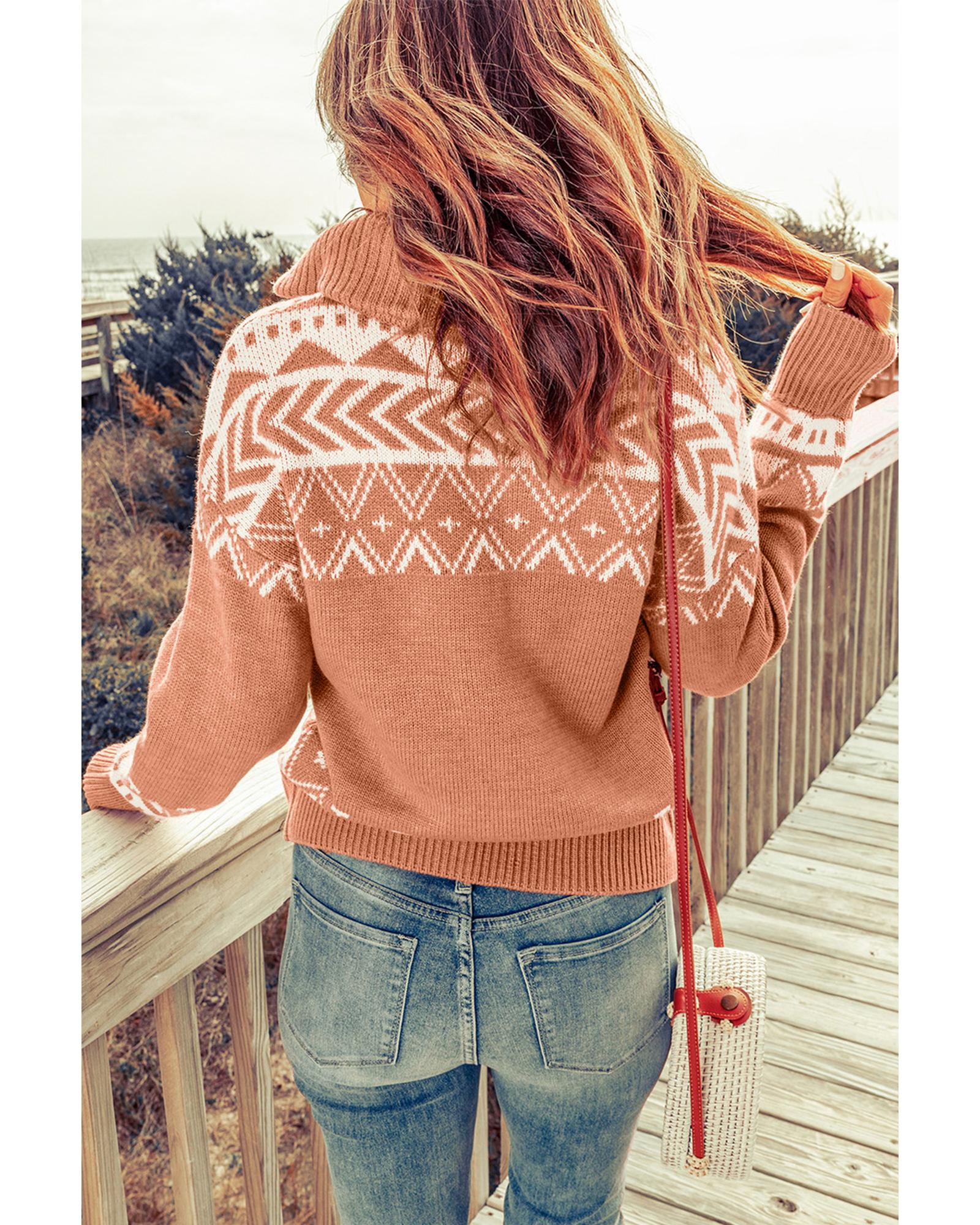 Azura Exchange Pink Geometry Knit Quarter Zip Sweater - XL