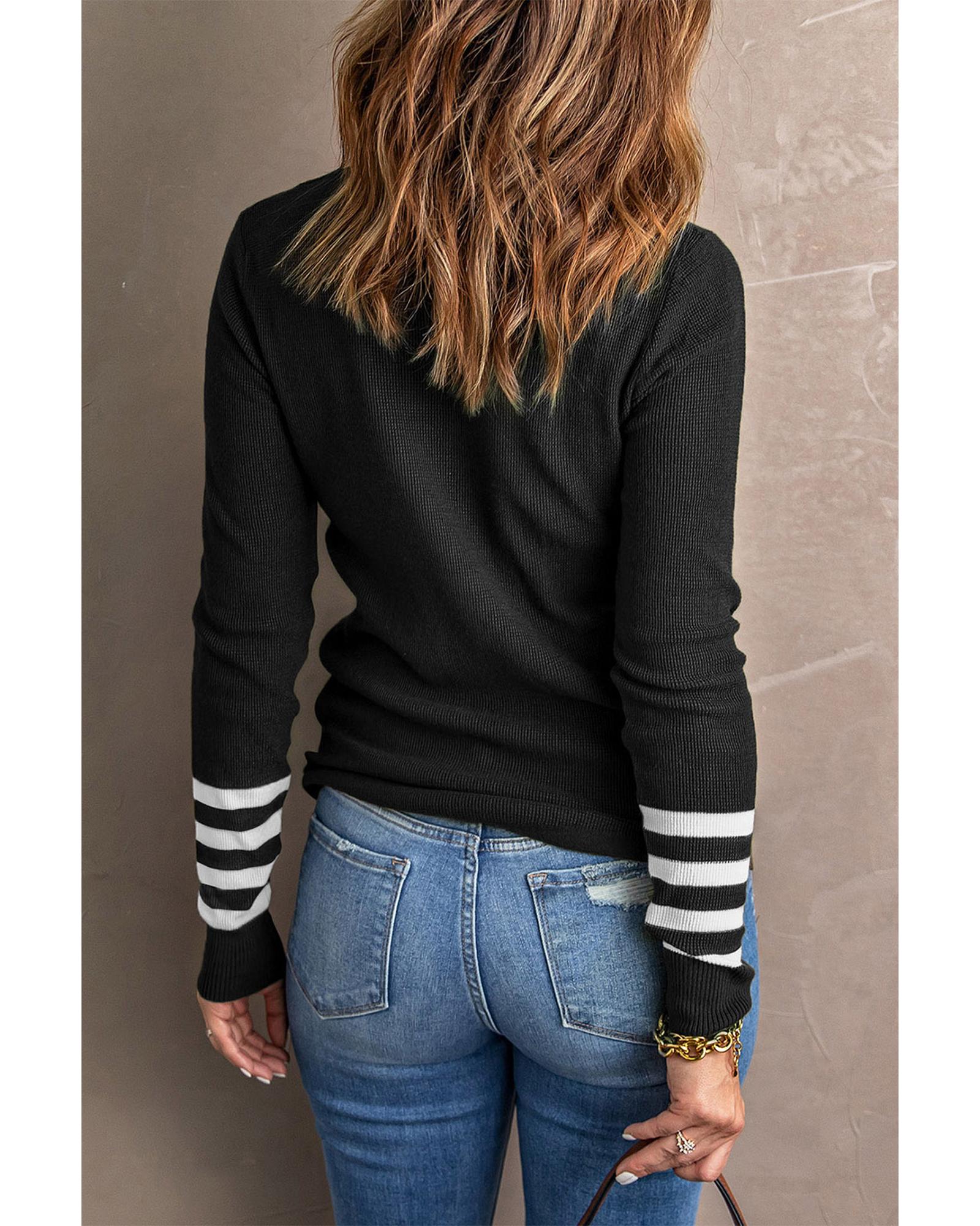 Black Striped Sleeve Plain Knit Sweater - XL