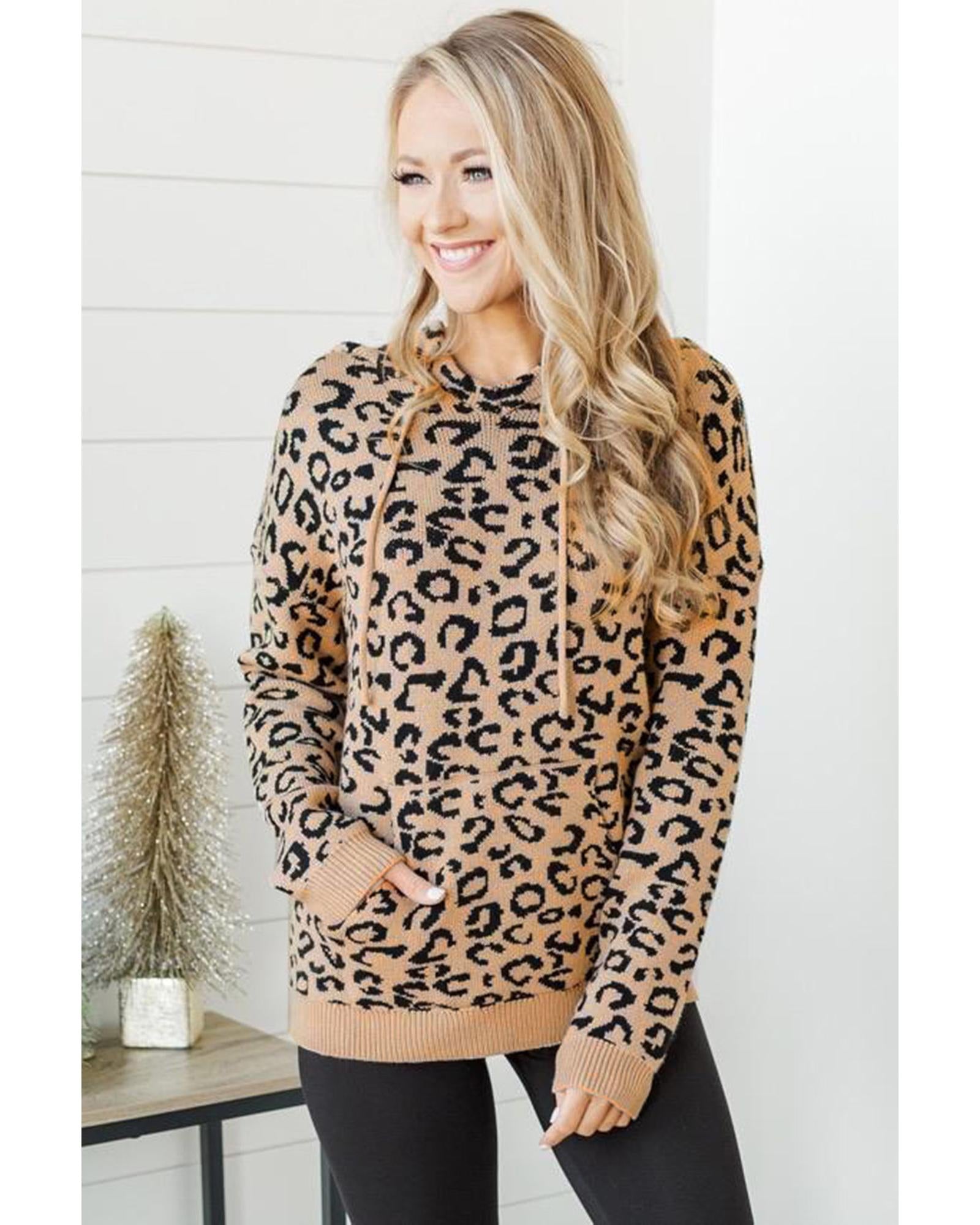 Khaki Leopard Knitted Drawstring Hooded Sweater - L