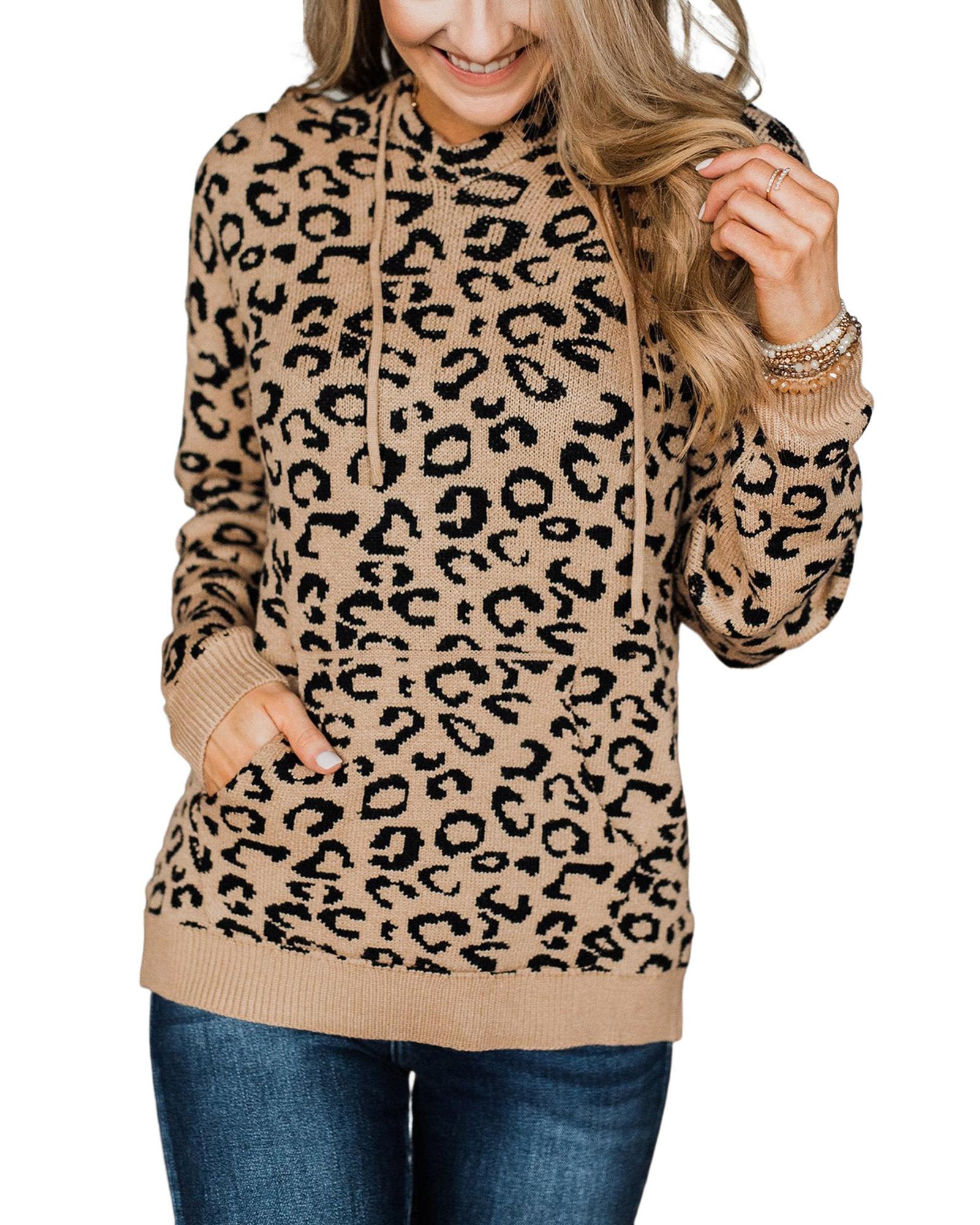 Khaki Leopard Knitted Drawstring Hooded Sweater - M