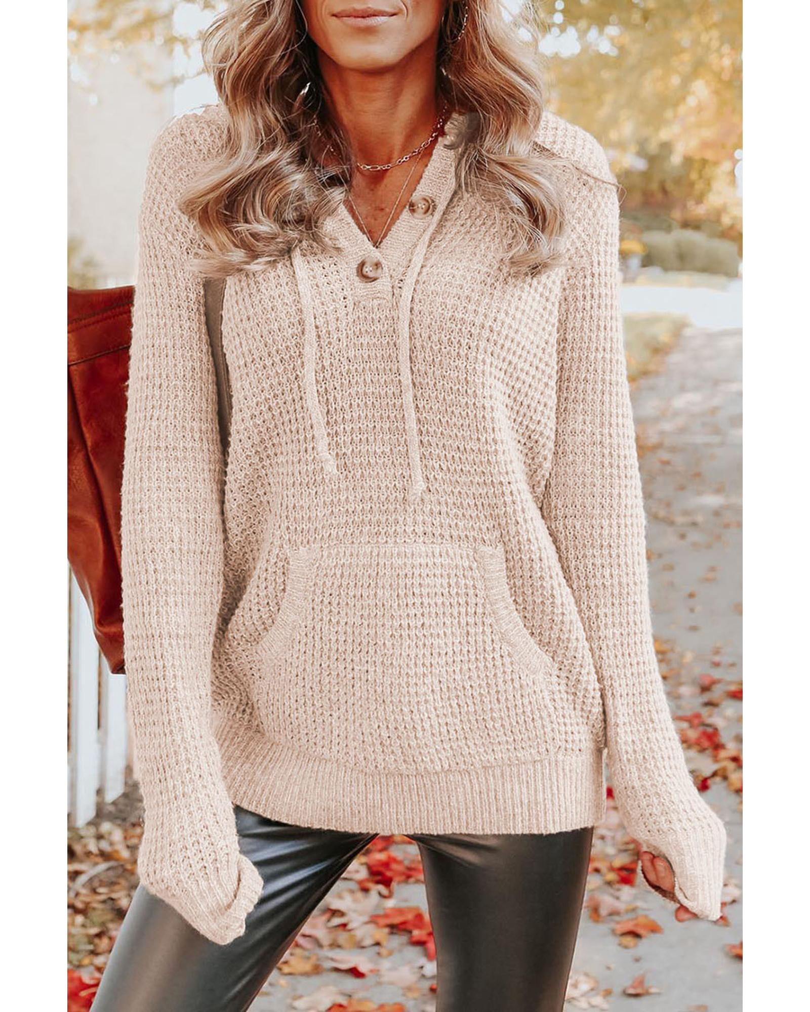 Azura Exchange Apricot Waffle Knit Buttons Hooded Sweater with Pocket - L