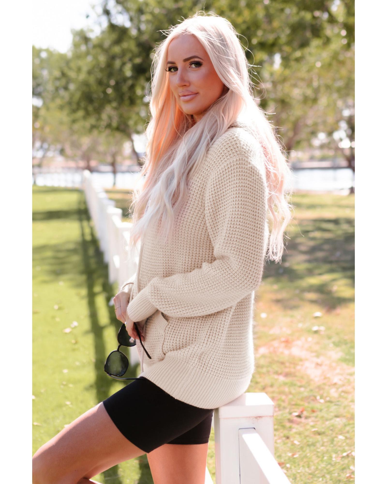 Azura Exchange Apricot Waffle Knit Buttons Hooded Sweater with Pocket - M