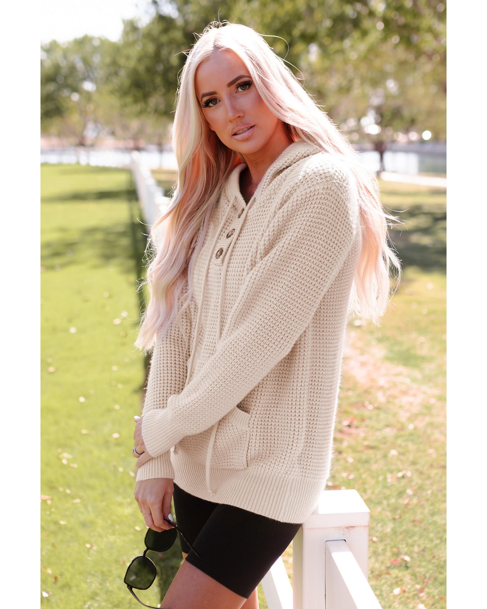 Azura Exchange Apricot Waffle Knit Buttons Hooded Sweater with Pocket - M