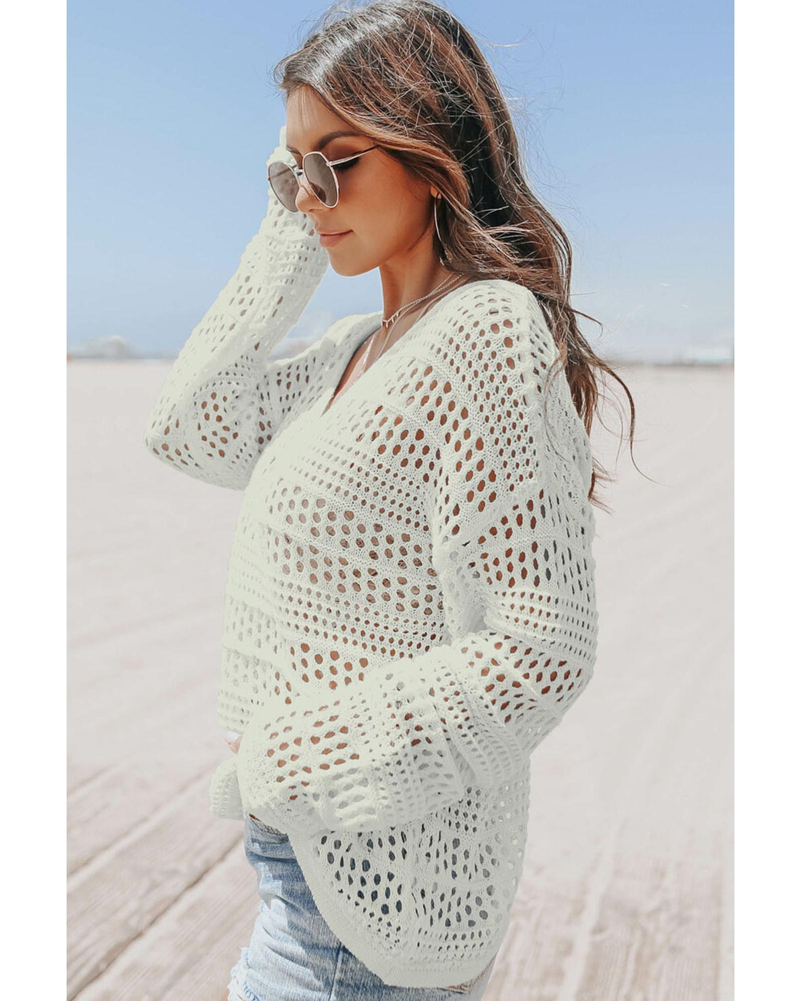 White Hollow Out Crochet V Neck Pullover Sweater - L