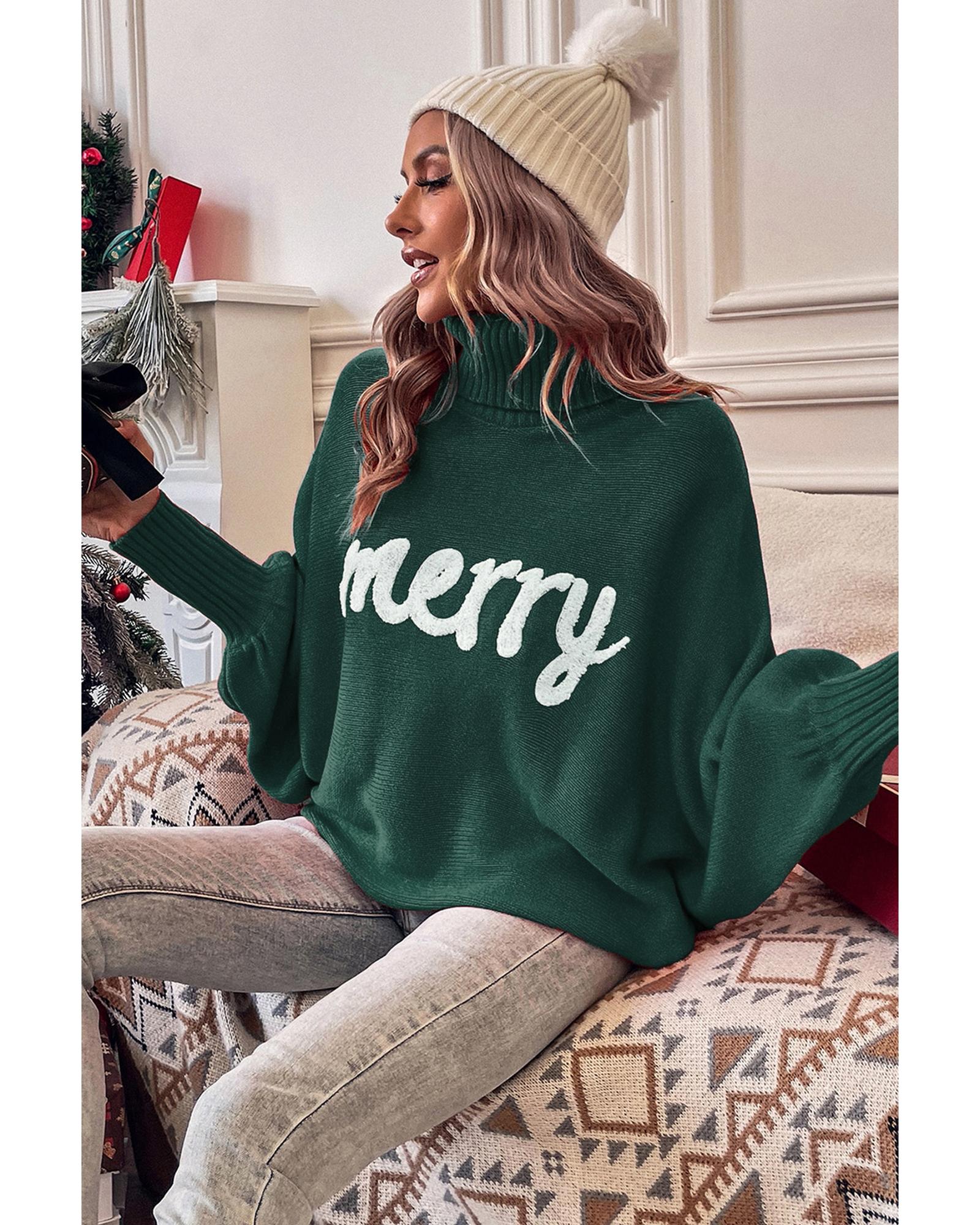 Blackish Green Merry Letter Embroidered High Neck Sweater - L