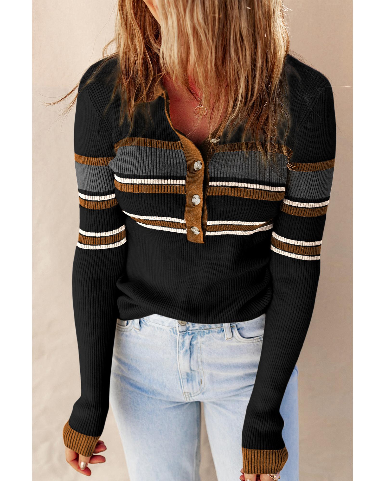Black Rib Knitted Stripe Detail Henley Sweater - XL