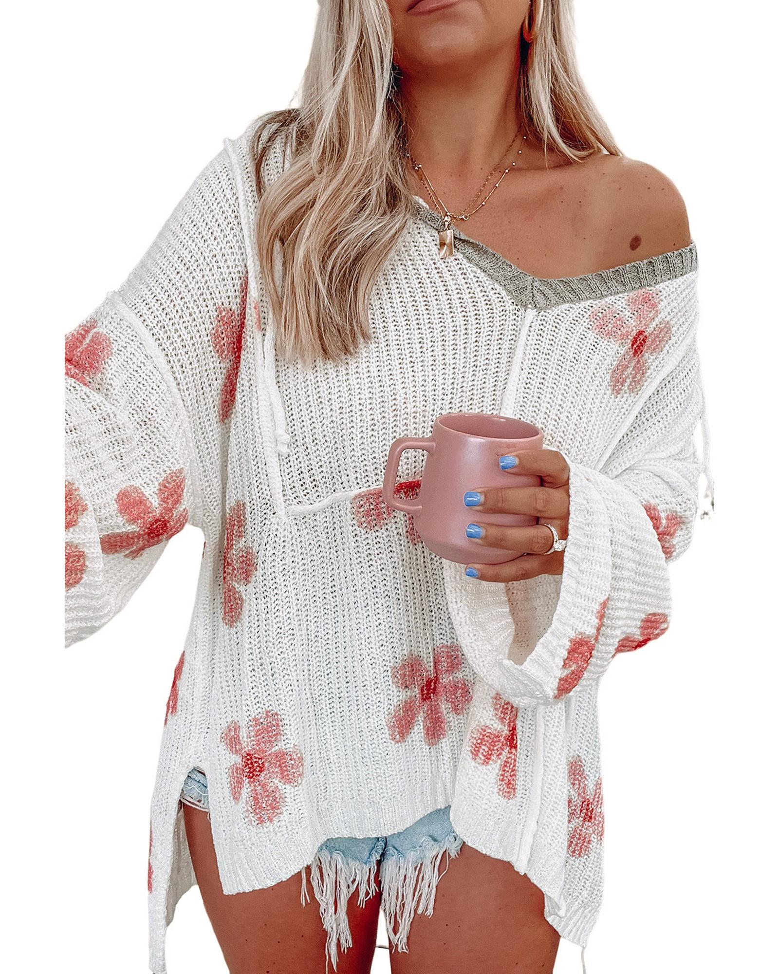 White Floral Print Lightweight Knit Hooded Sweater - S
