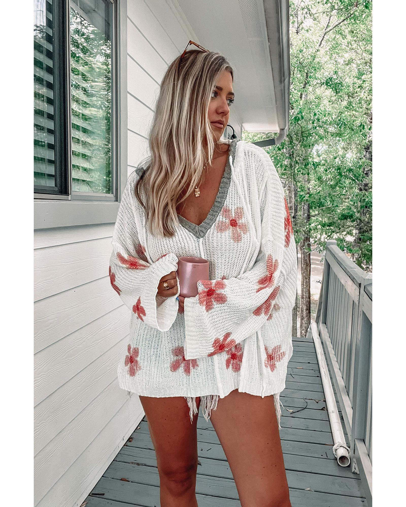 White Floral Print Lightweight Knit Hooded Sweater - S