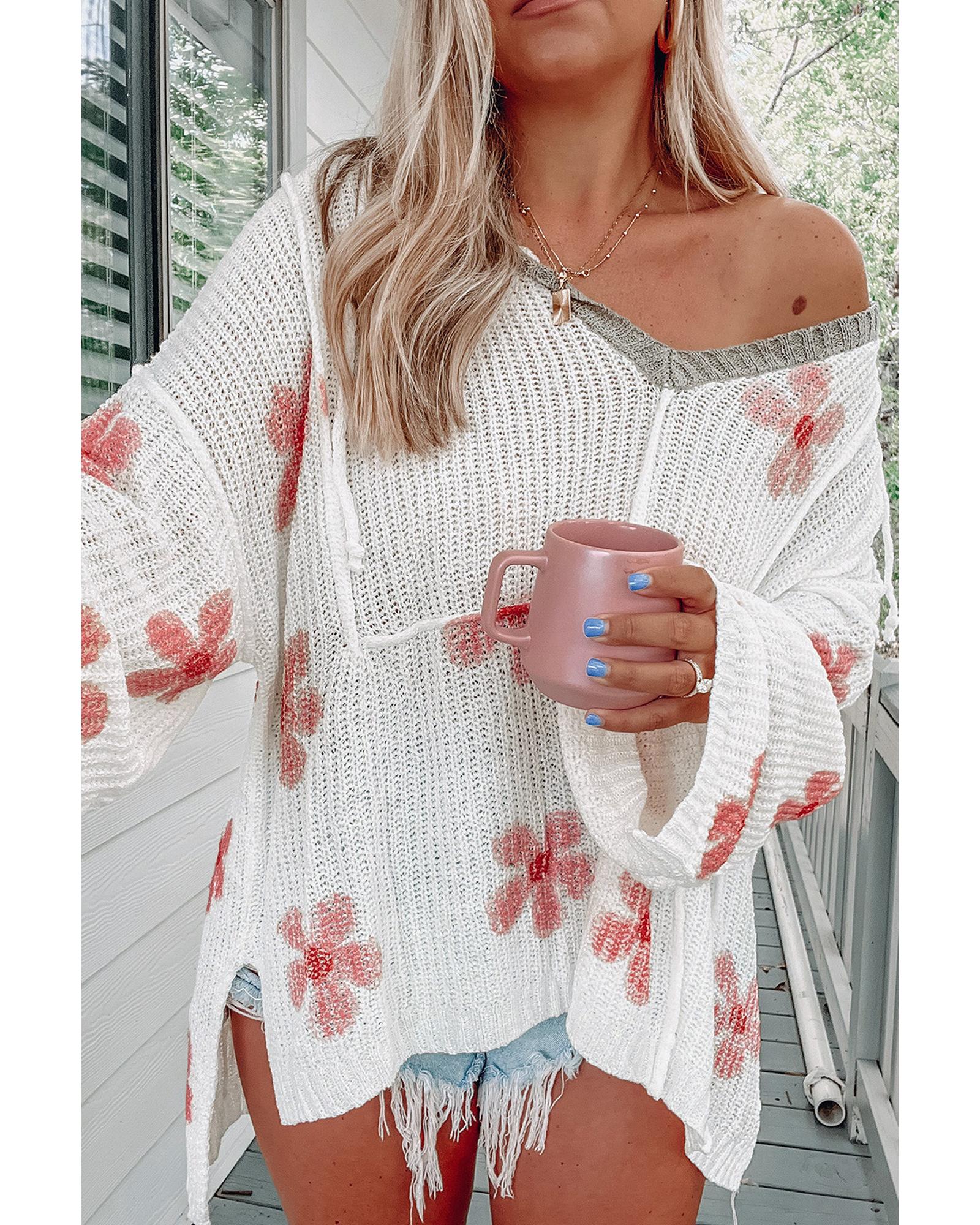 White Floral Print Lightweight Knit Hooded Sweater - S