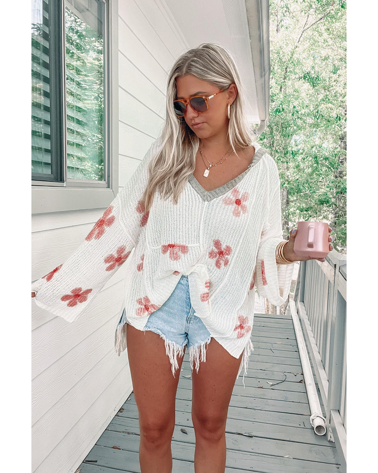 White Floral Print Lightweight Knit Hooded Sweater - S