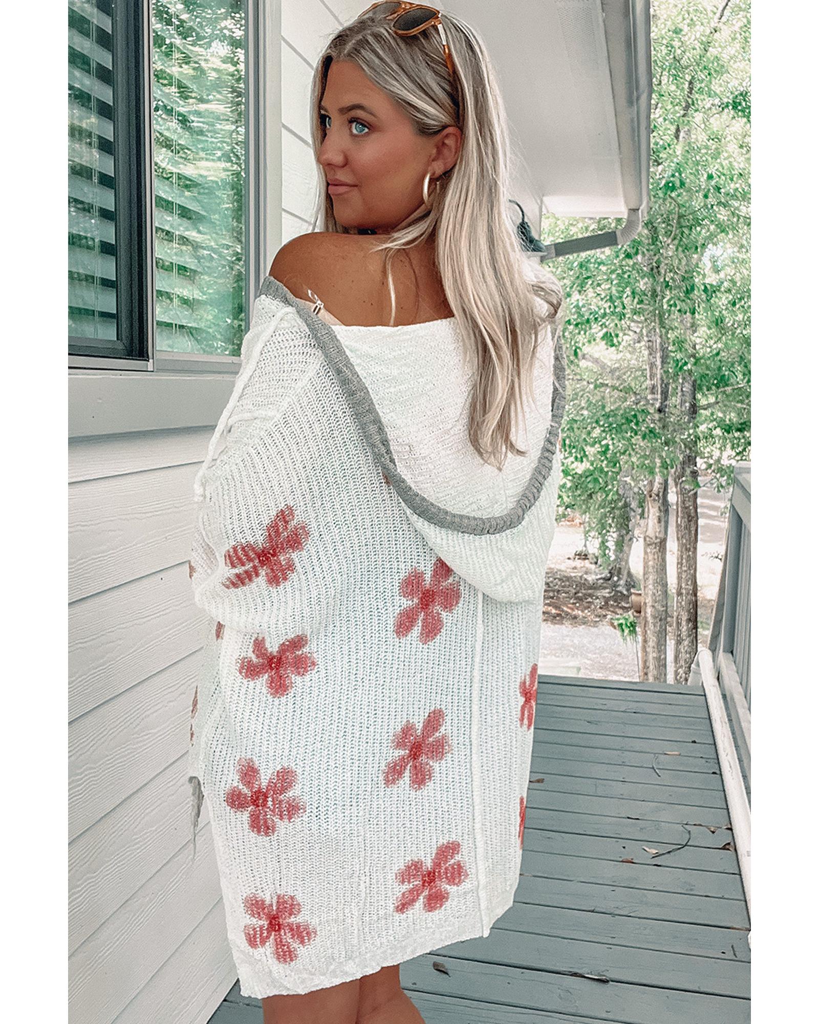 White Floral Print Lightweight Knit Hooded Sweater - S