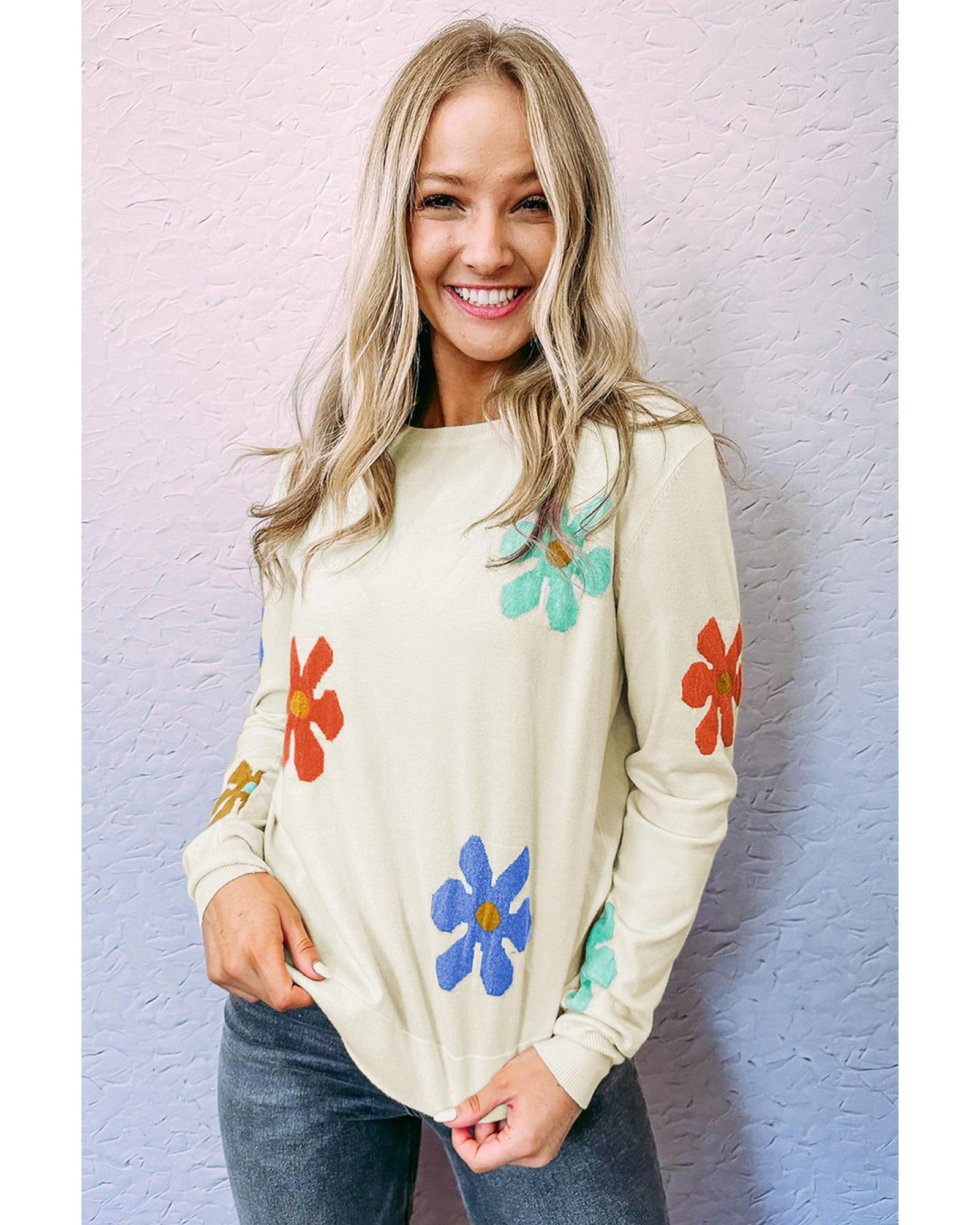 White Sweet Floral Pullover Sweater - L