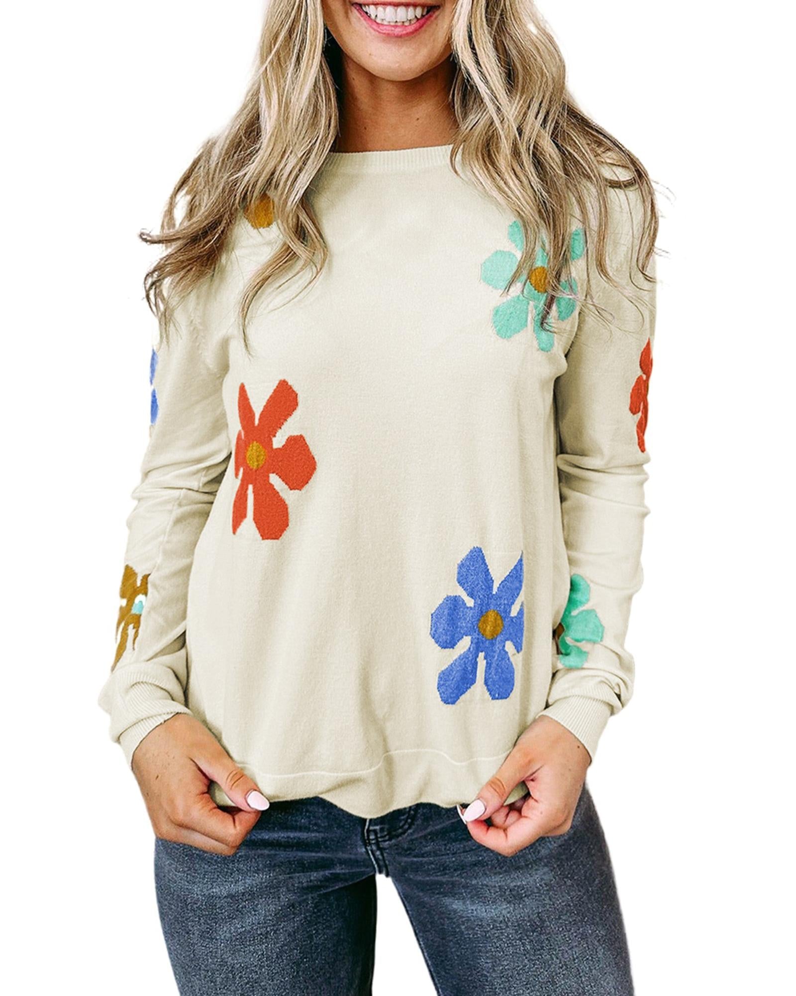 White Sweet Floral Pullover Sweater - L
