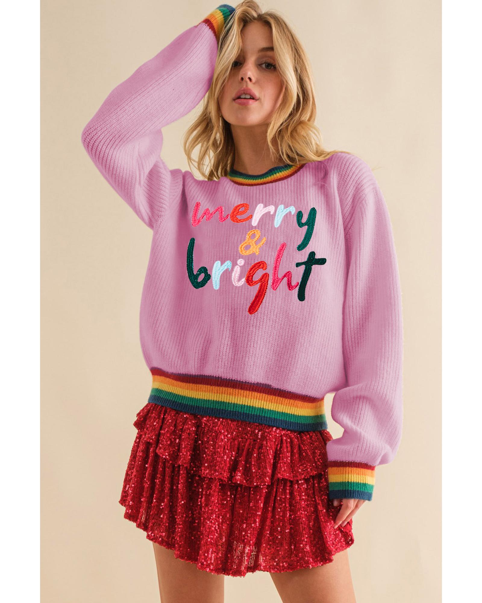 Bonbon Merry & Bright Colorful Stripes Trim Sweater - L