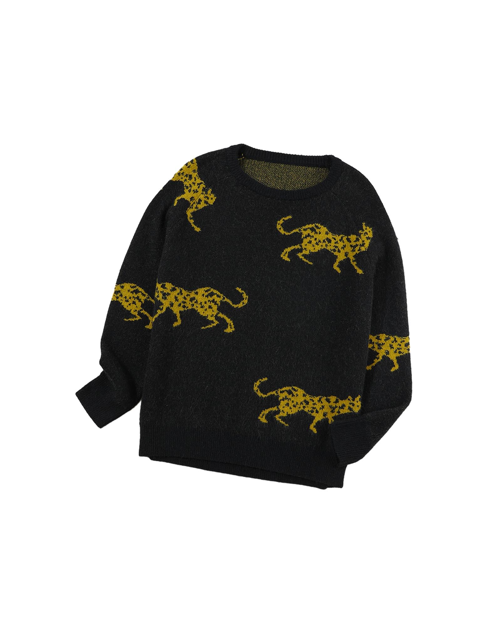 Black Cheetah Pattern Knit Round Neck Sweater - M