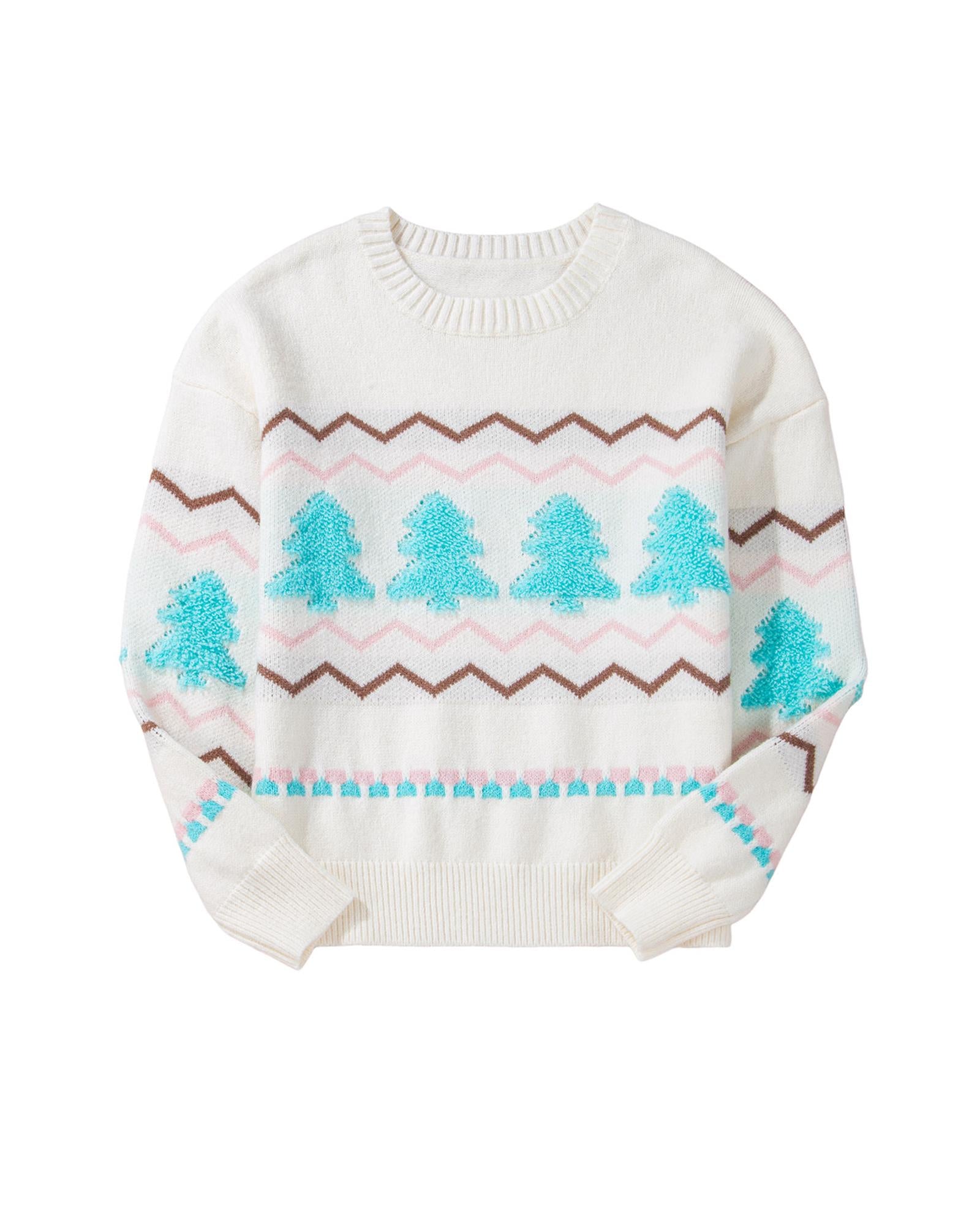 White Striped Christmas Tree Ribbed Trim Drop Shoulder Sweater - M