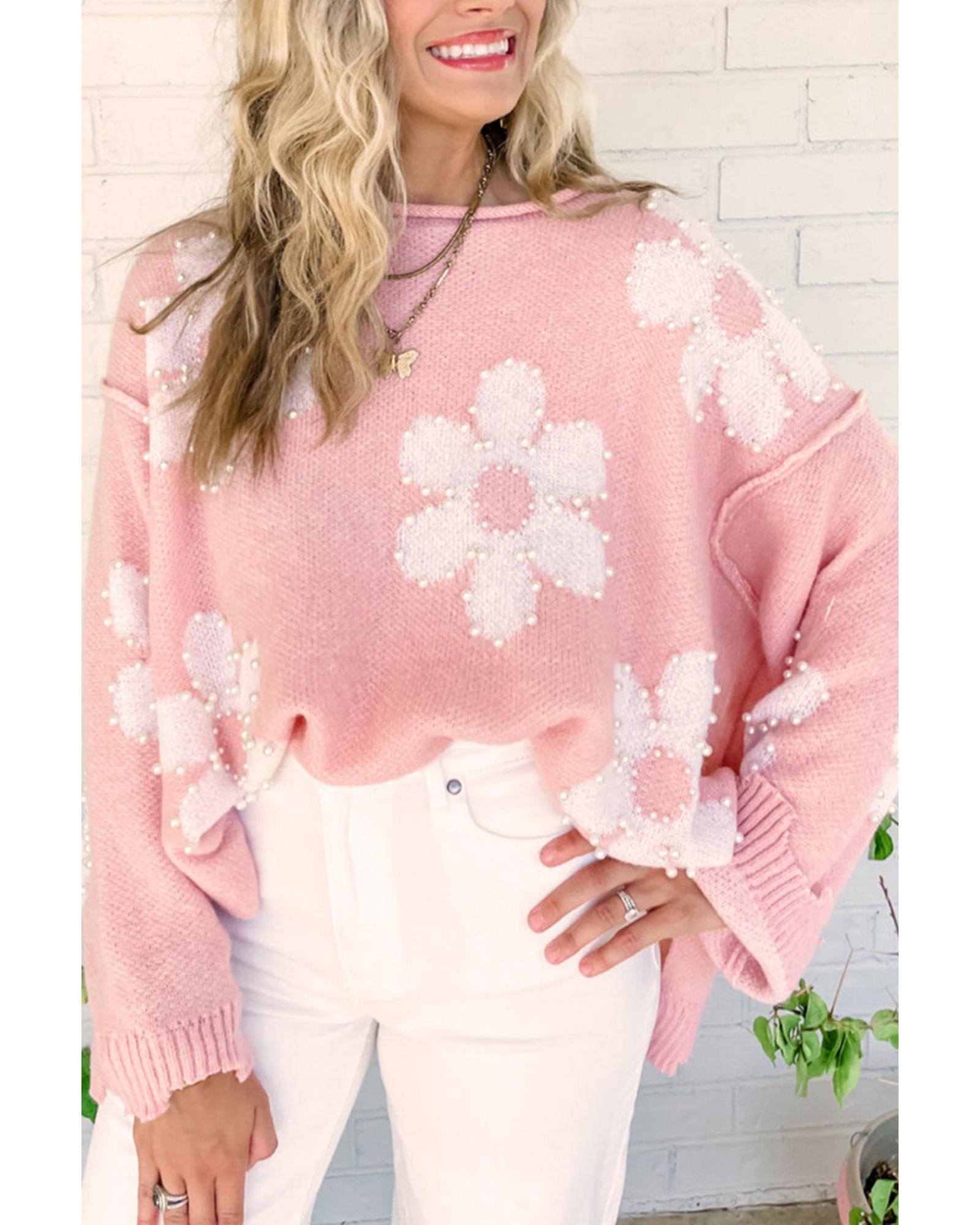 Multicolour Pearl Beaded Floral Drop Shoulder Sweater - S