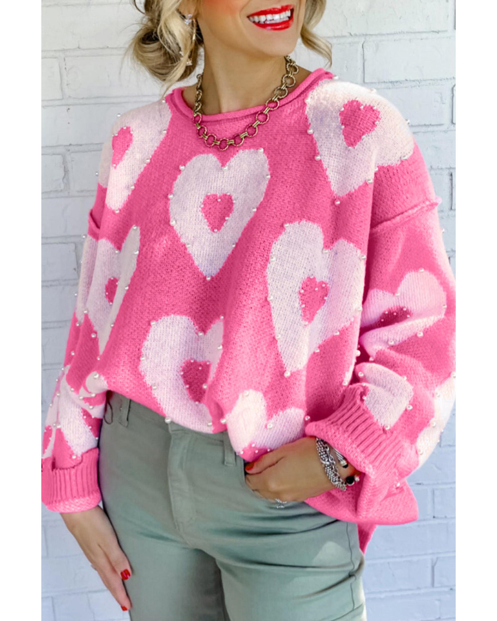 Bonbon Pearl Beaded Heart Drop Shoulder Sweater - L