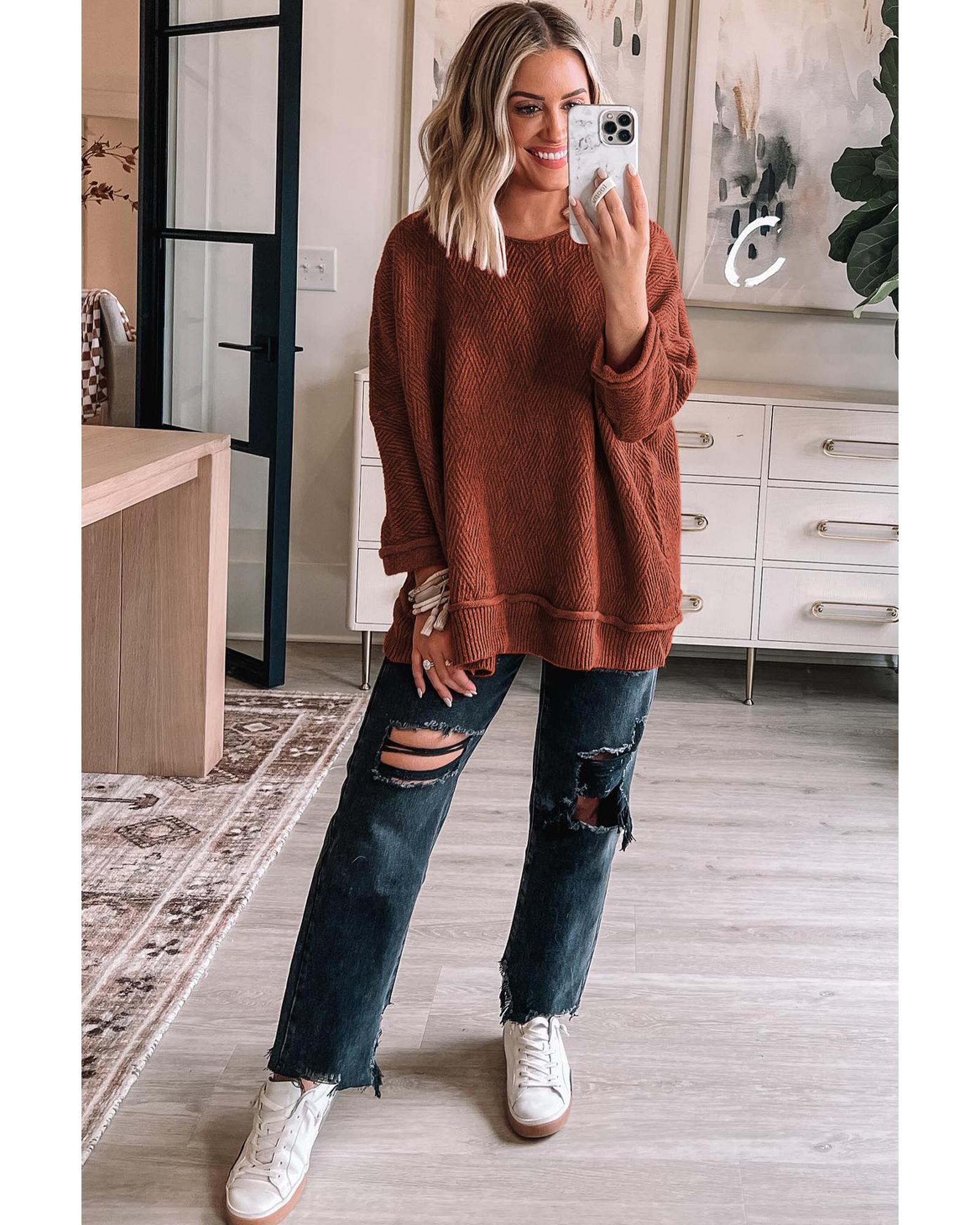 Gold Flame Solid Color Textured Crew Neck Loose Sweater - L