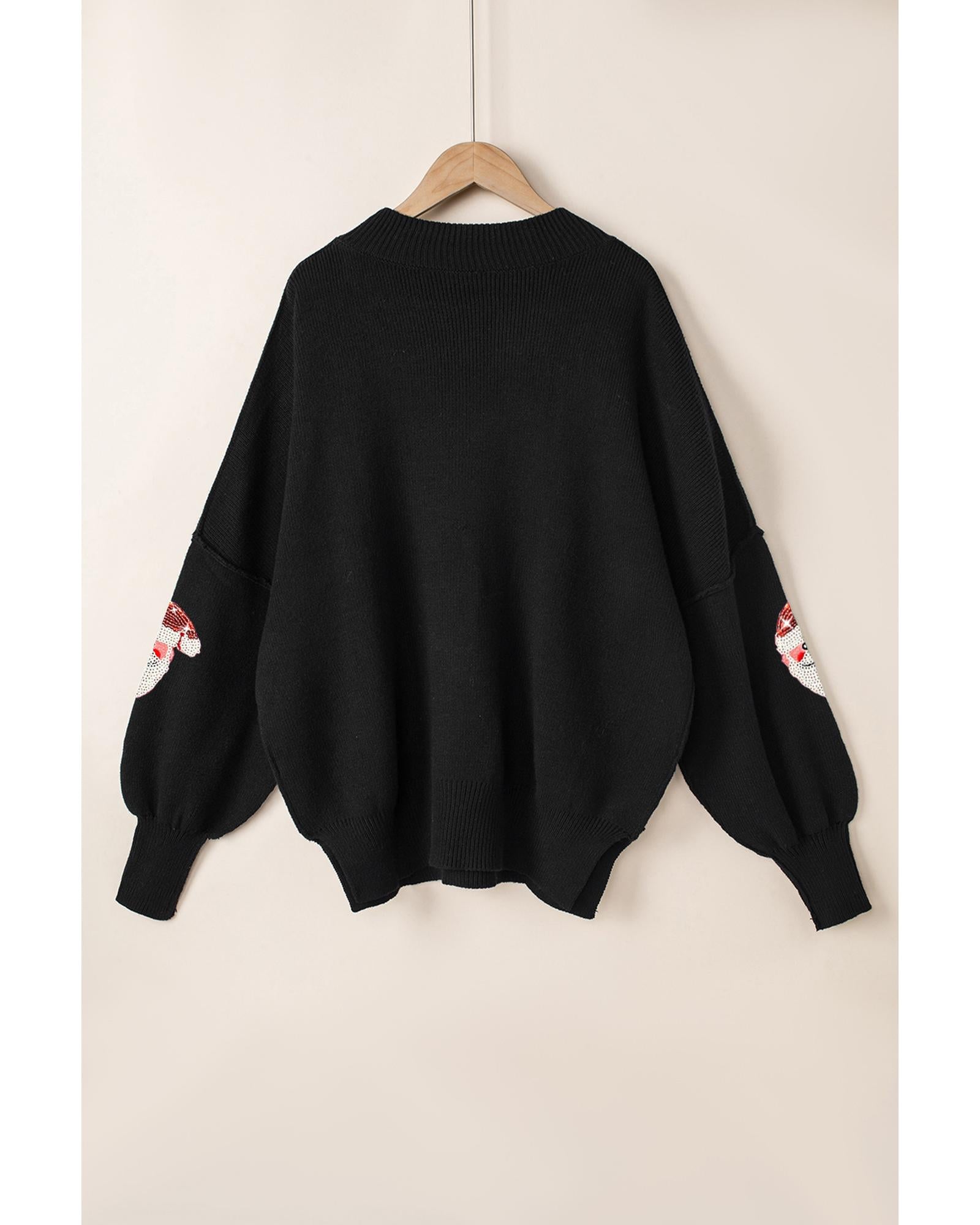 Black Sequined Santa Clause Bishop Sleeve Sweater - S