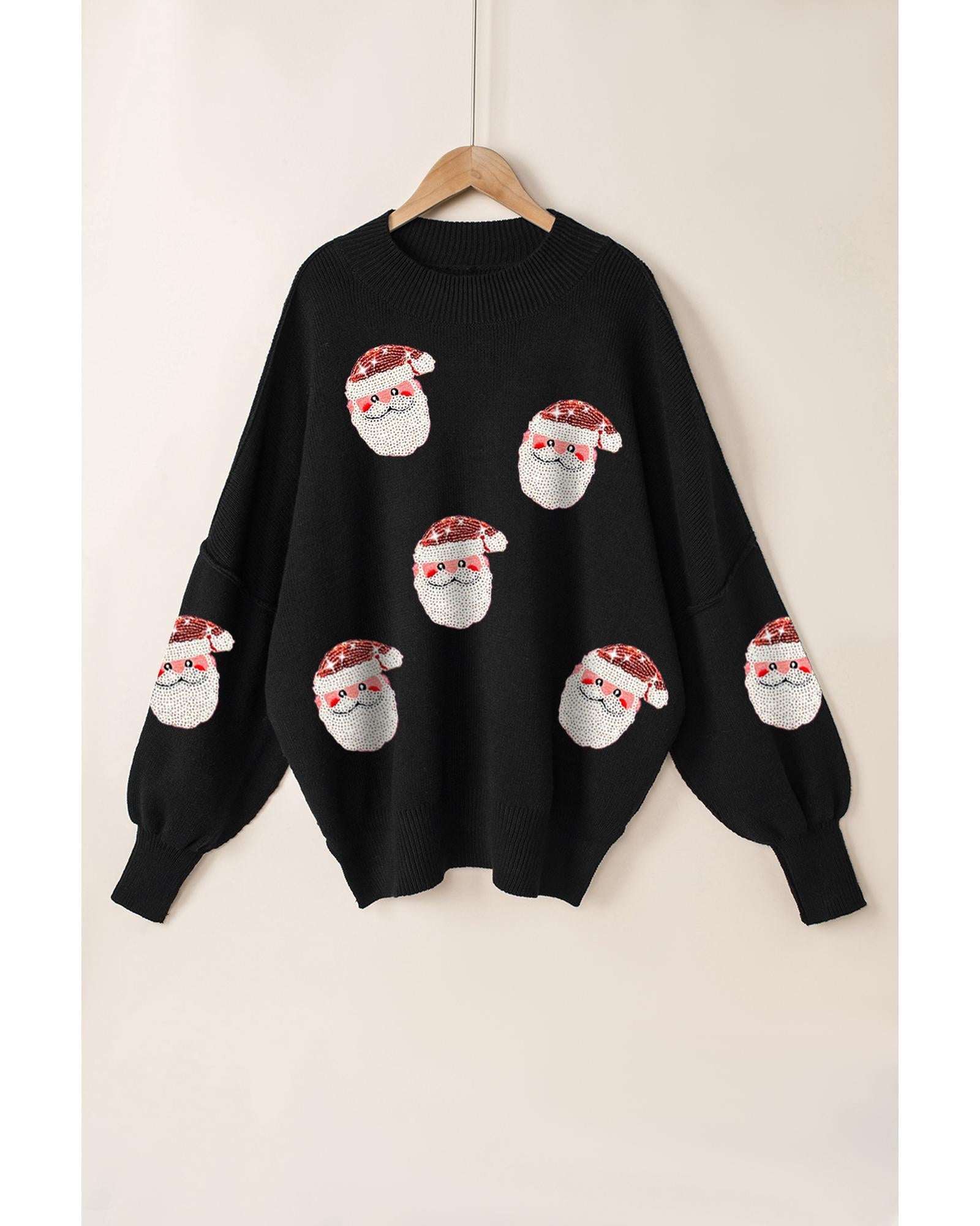 Black Sequined Santa Clause Bishop Sleeve Sweater - S