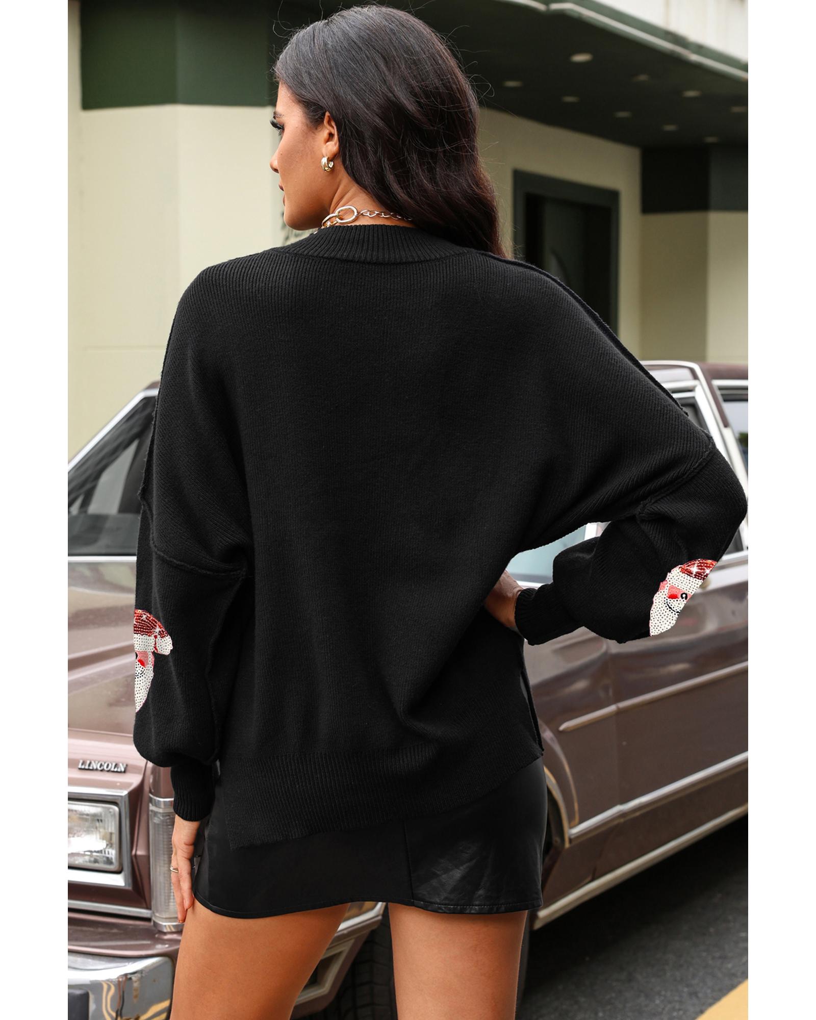 Black Sequined Santa Clause Bishop Sleeve Sweater - S