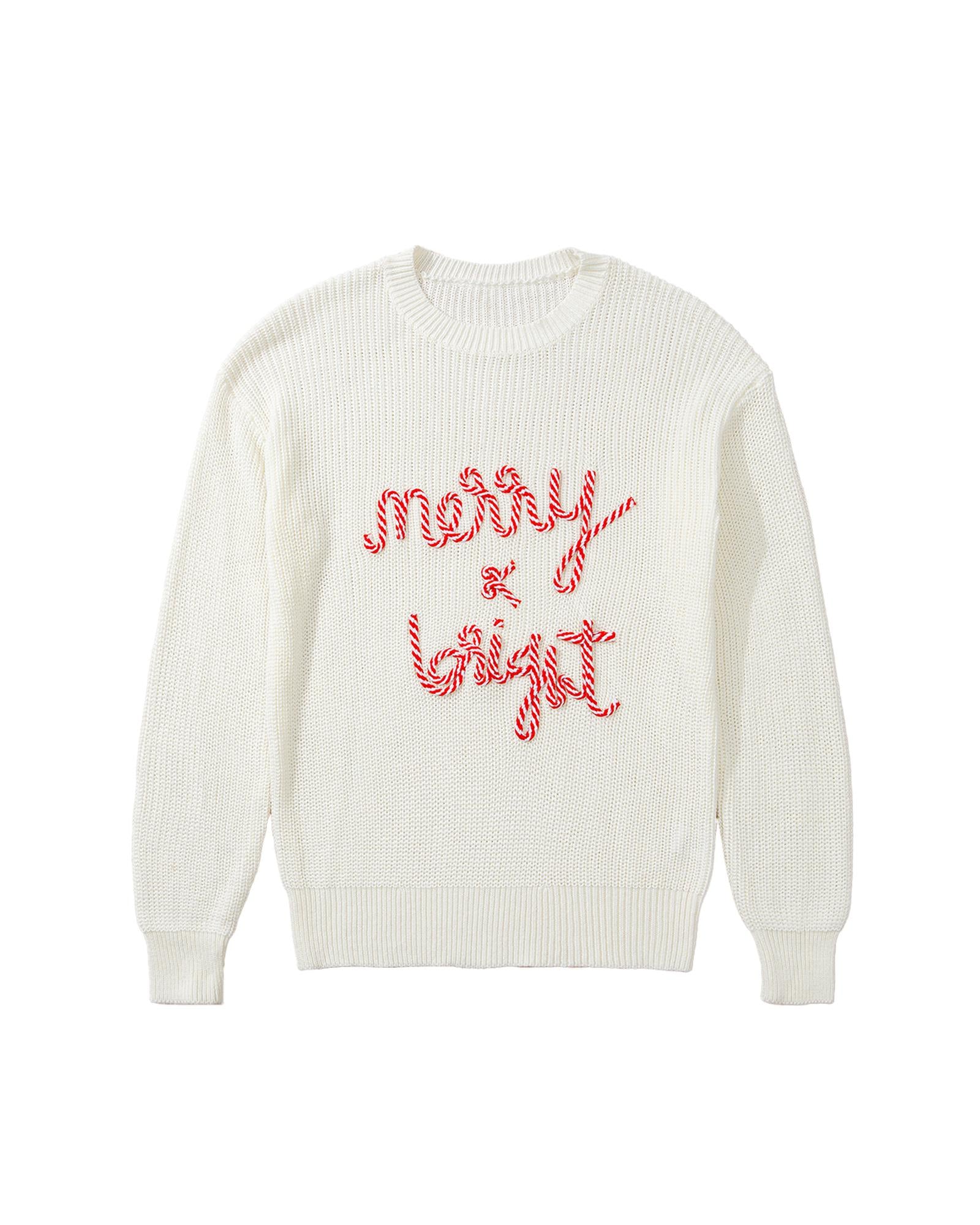 White Striped Merry Bright Letter Christmas Sweater - S