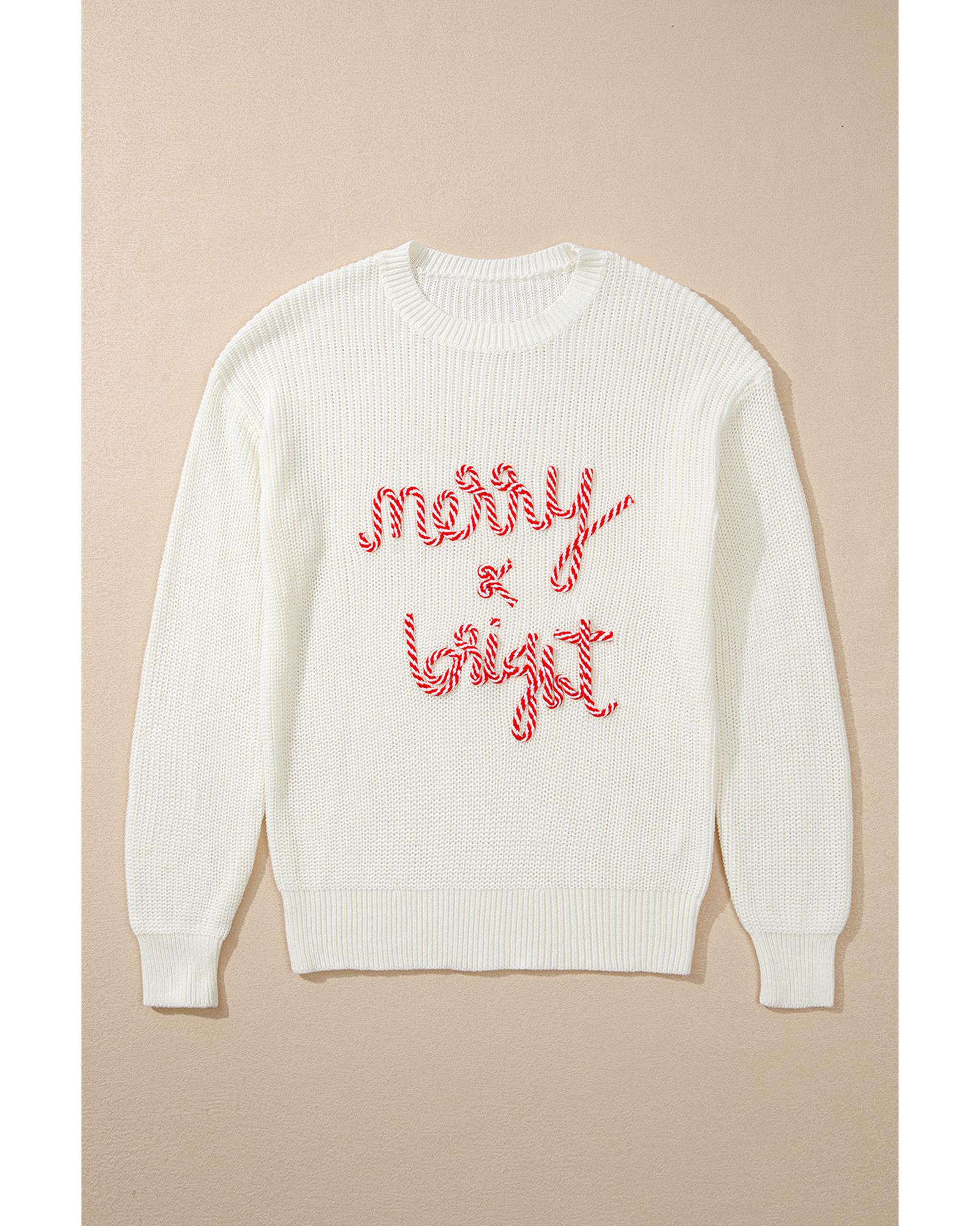 White Striped Merry Bright Letter Christmas Sweater - S